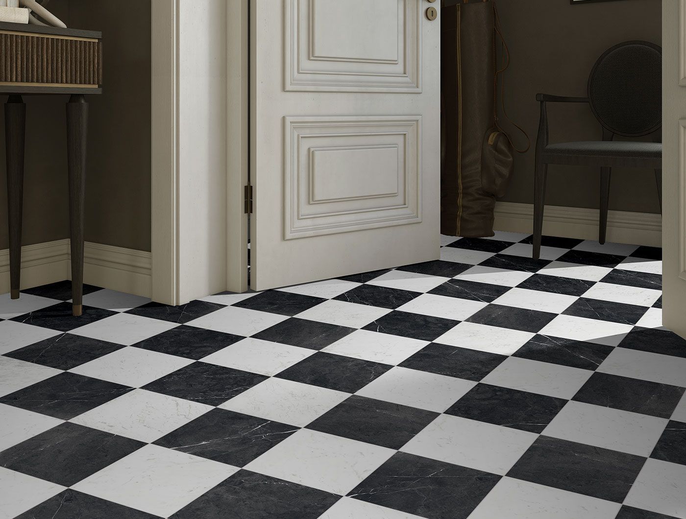 black and white marble porcelain chequerboard floor tile in living room floor space.