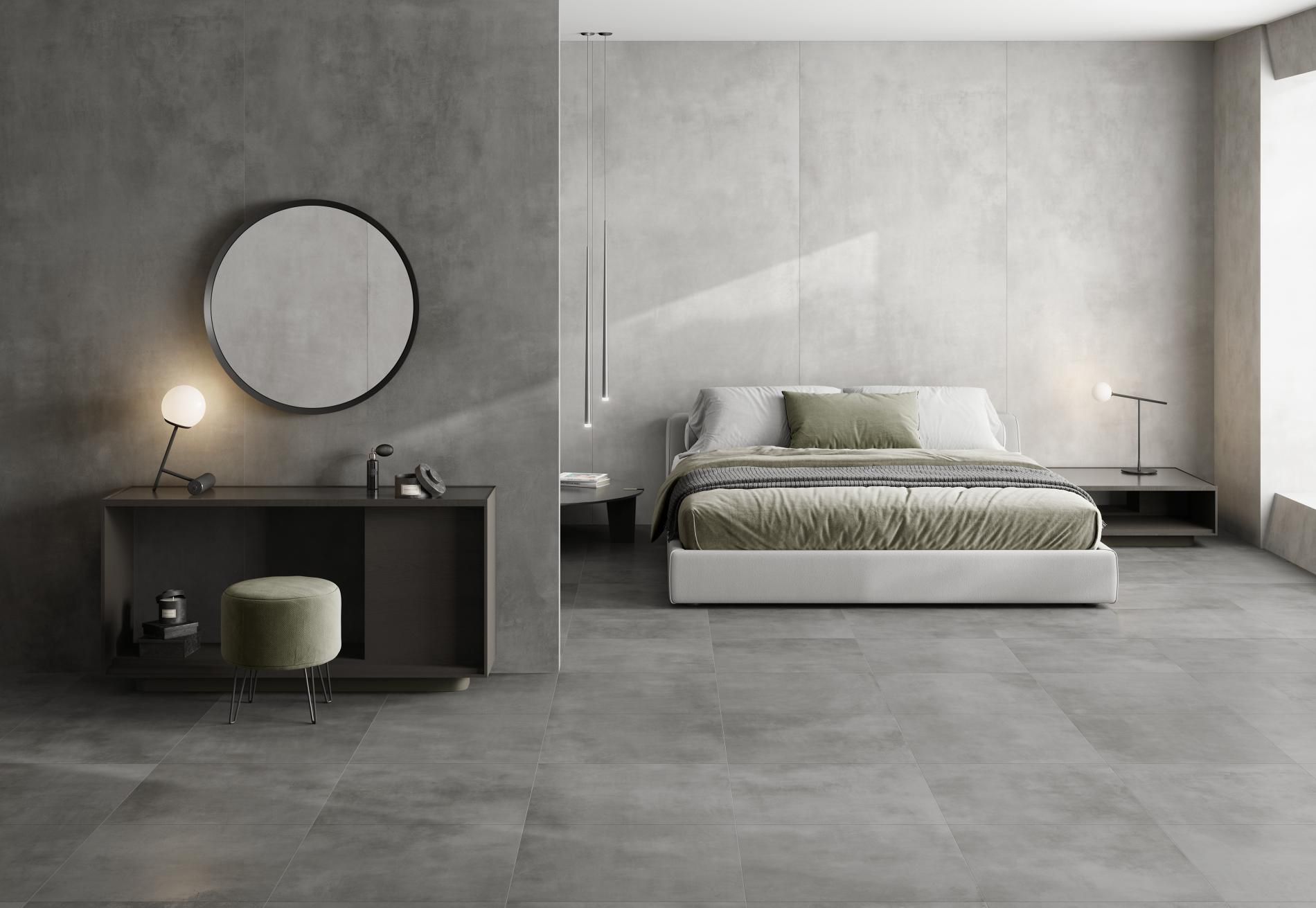 Powder grey used in the large bedroom of this photo