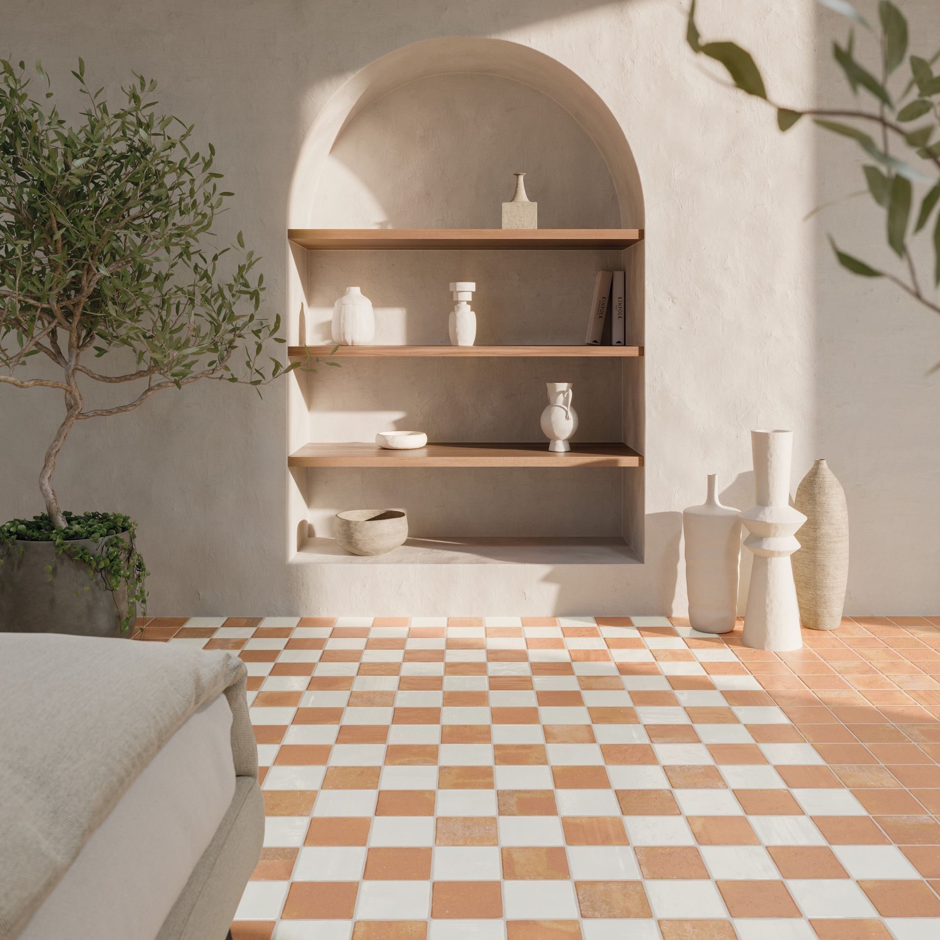 Terracotta effect porcelain tile floor rojo and blanco chequerboard in bedroom floor space.