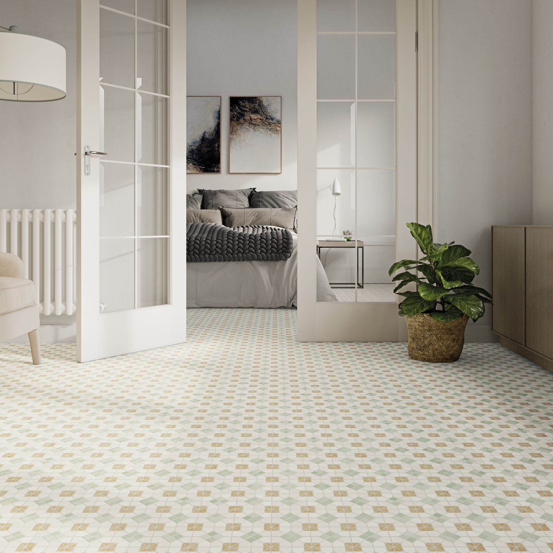 pattern floor tiles in a home design with a door leading to a master bedroom