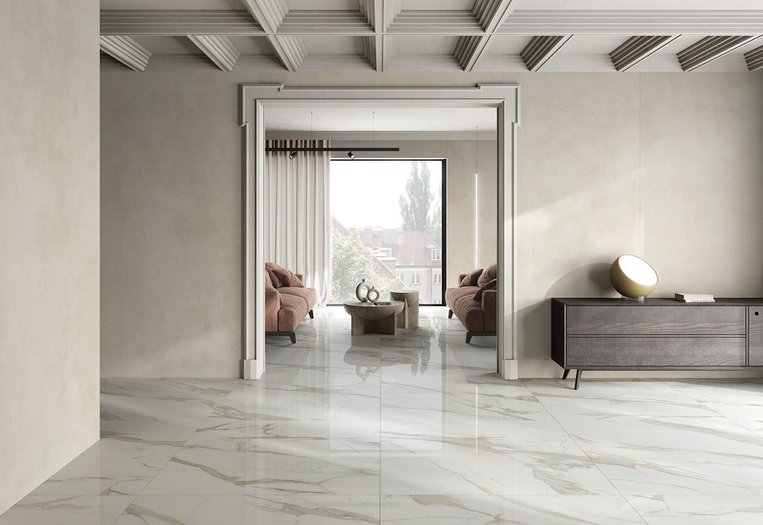 a marble wood polished floor and a concrete effect wall looking into the living room area.