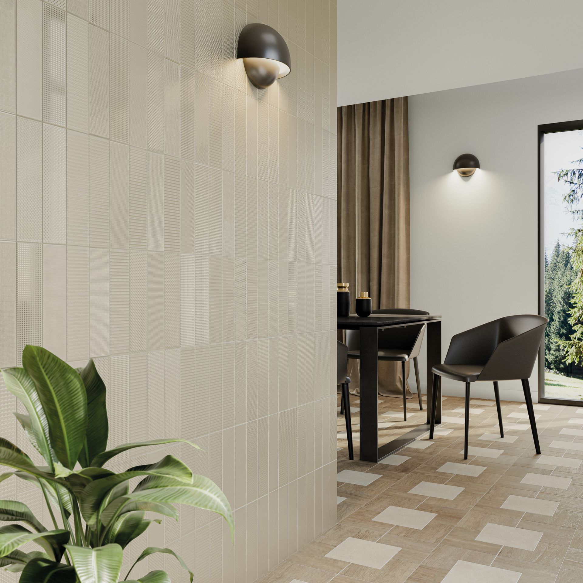 a gorgeous wall tile used in a dining room setting with brown leather/plastic chairs used in a marketing shot