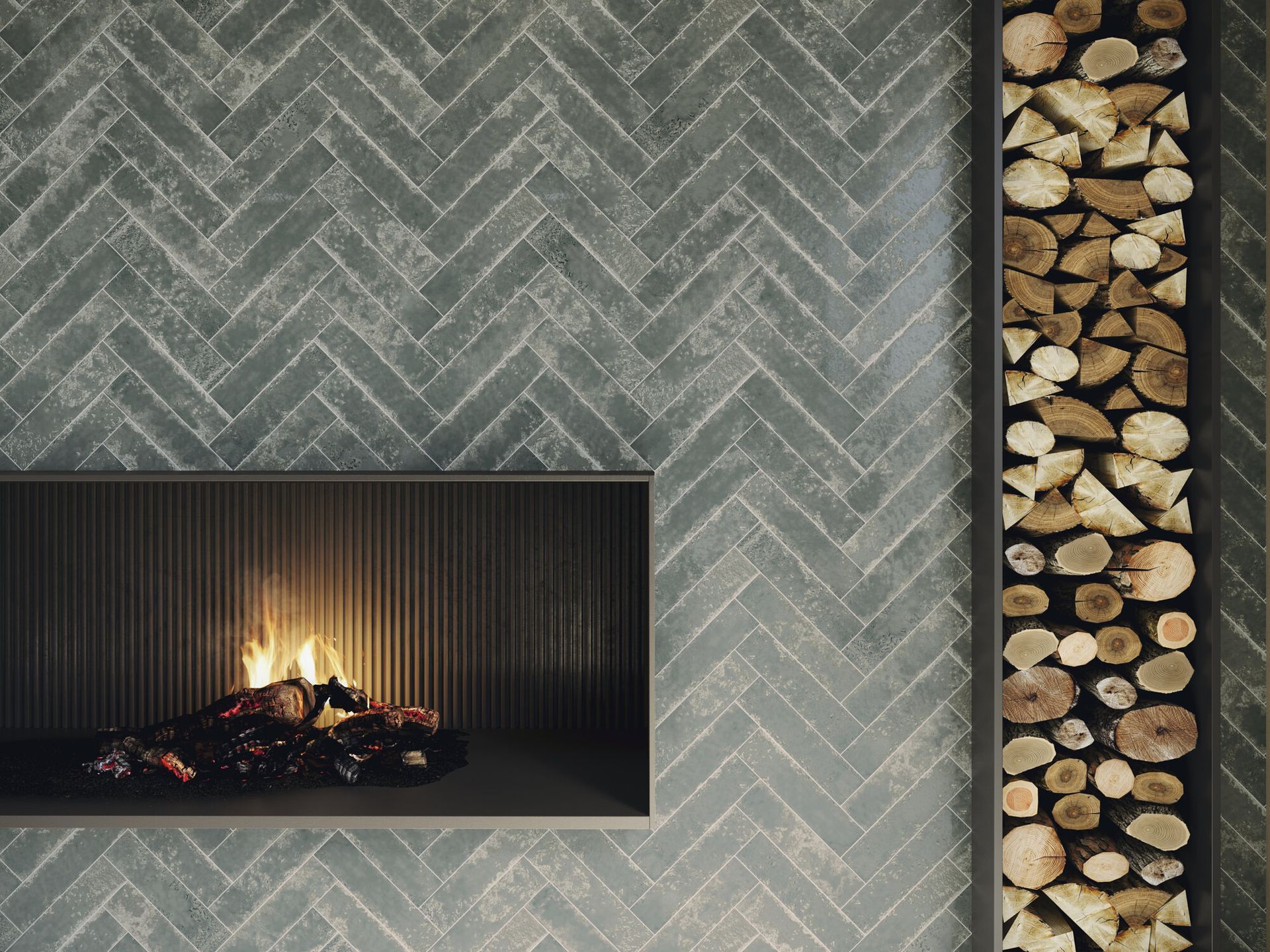 Grey bari wall tiles used near fireplace