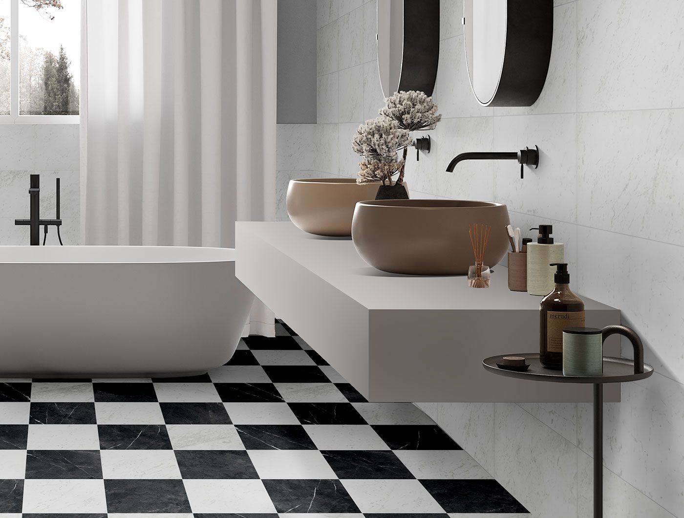 Chequerboard effect floor tiles used in a white themed bathroom