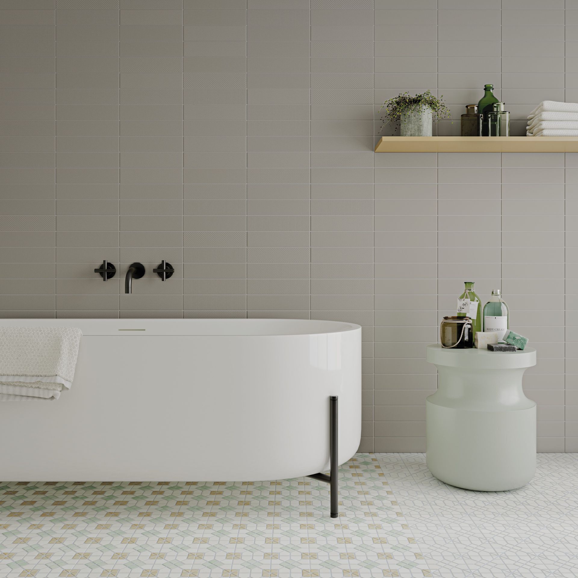 a grey ish tile used in a white bathroom with a white bathtub , creating a calm atmosphere allowing relaxation and a safe mental health space
