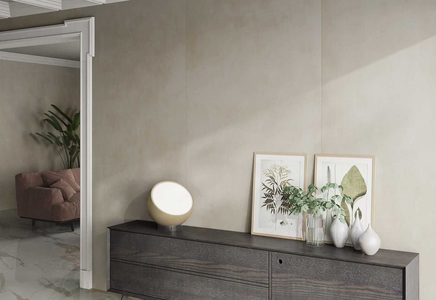 Powder greige wall tiles used in this living room with marble flooring