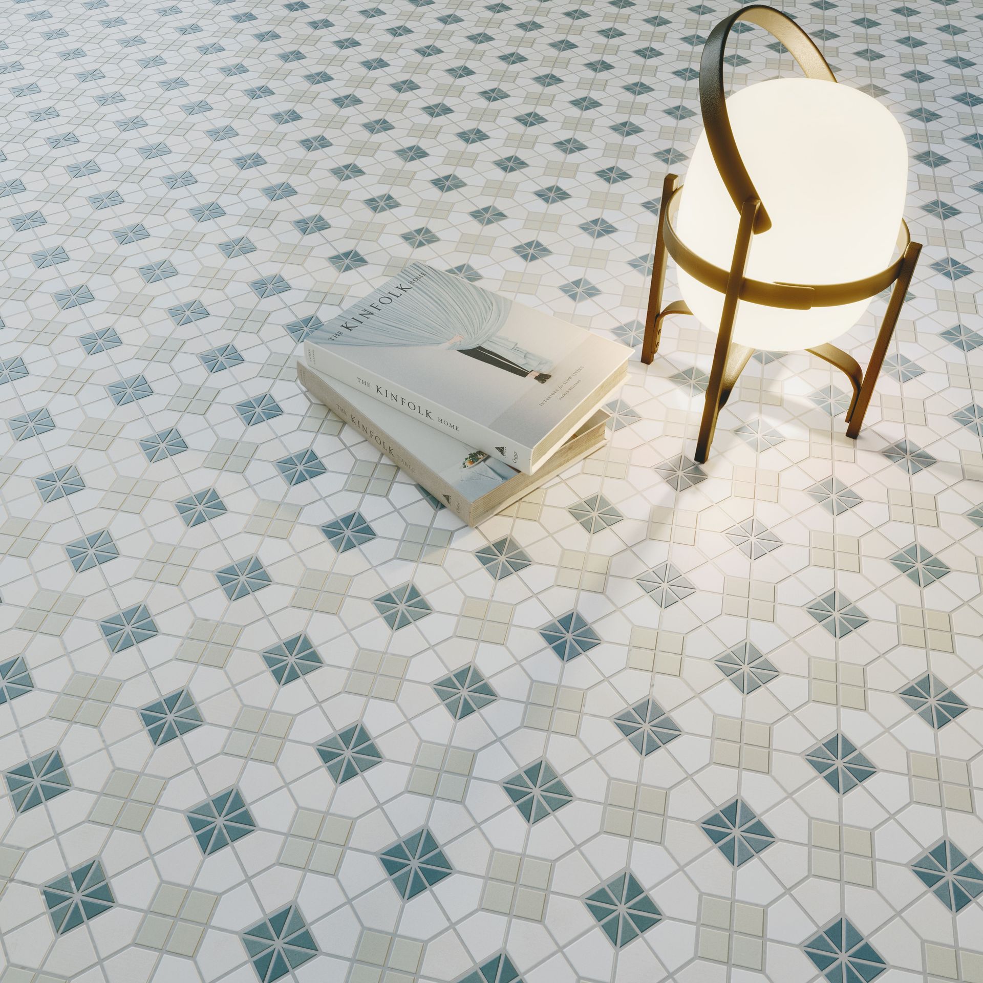Neo Victorian pattern floor tiles with white ivory and green features in the tile