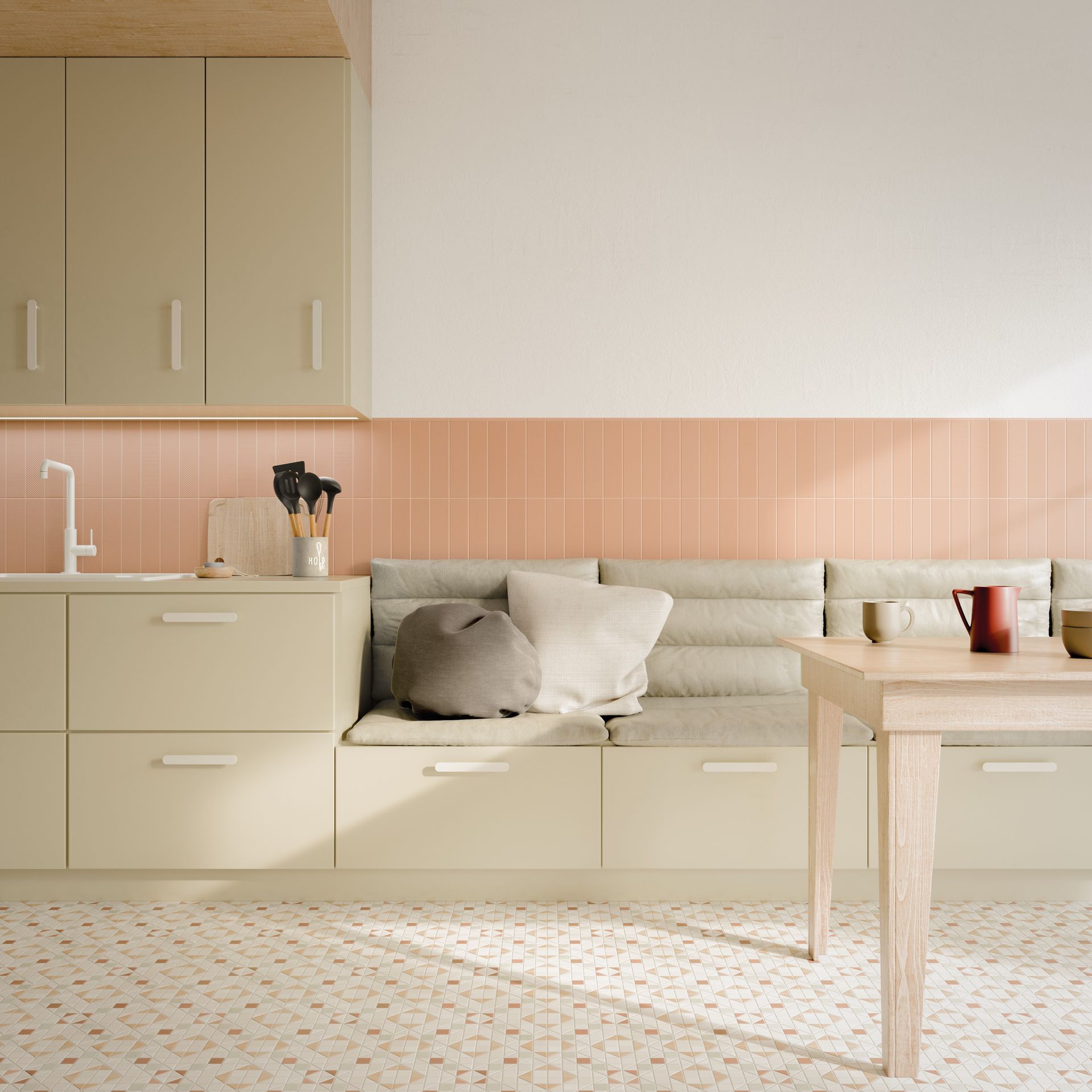 a soft coloured kitchen  with light coloured furniture and a peach coloured tile splash back