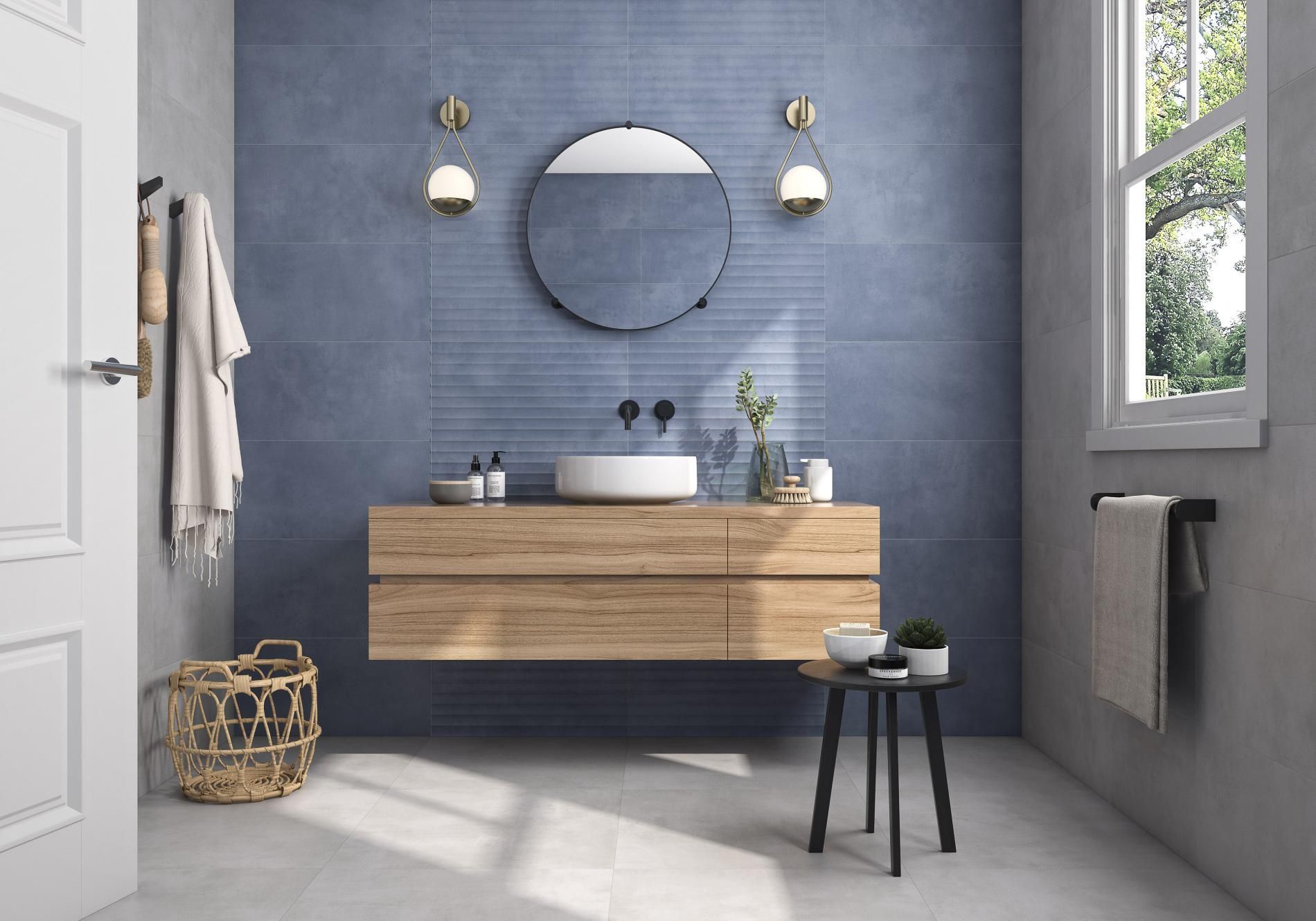 Powder grey and blue used on the walls of this bathroom