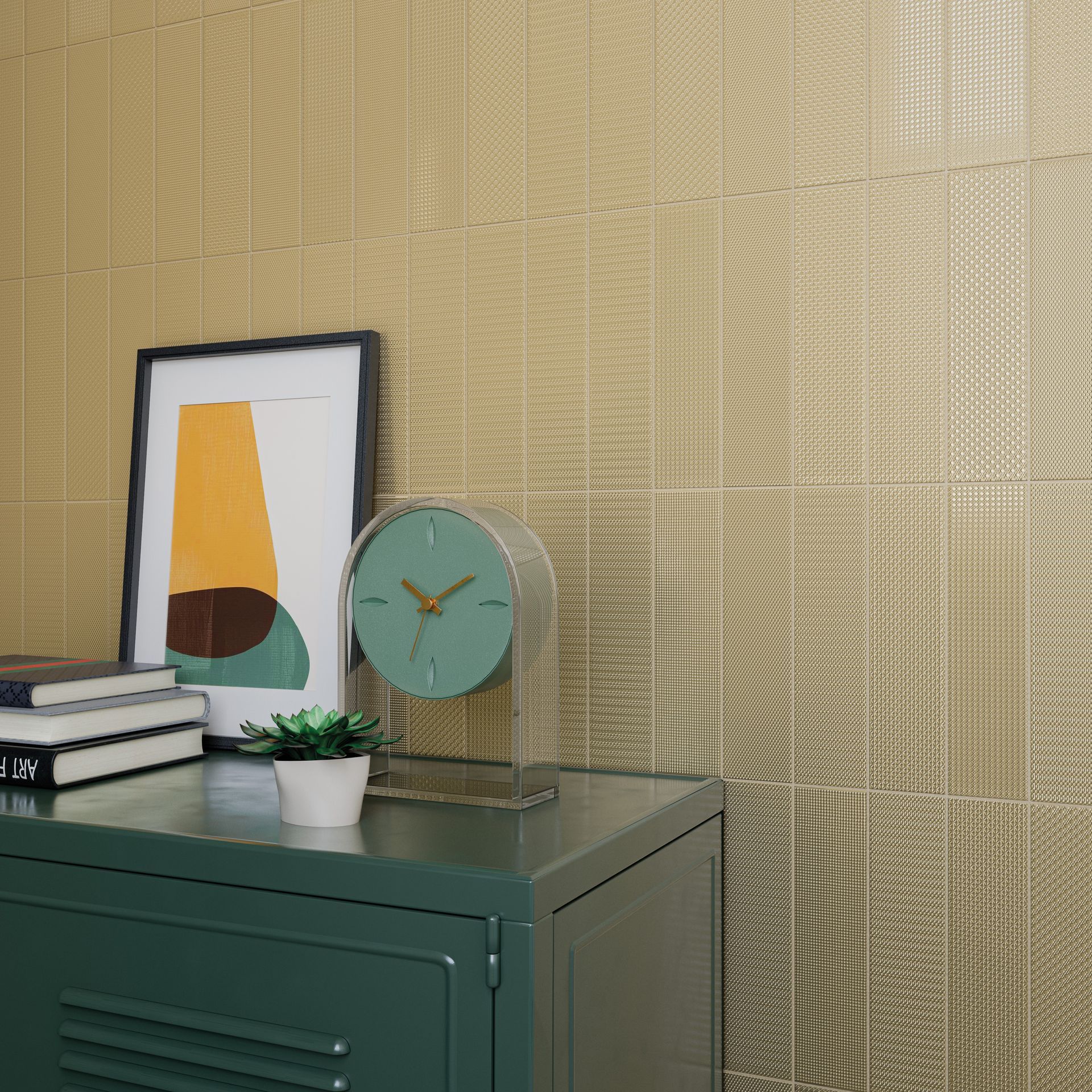a yellow tile with a teal clock with gold hands and an abstract art painting