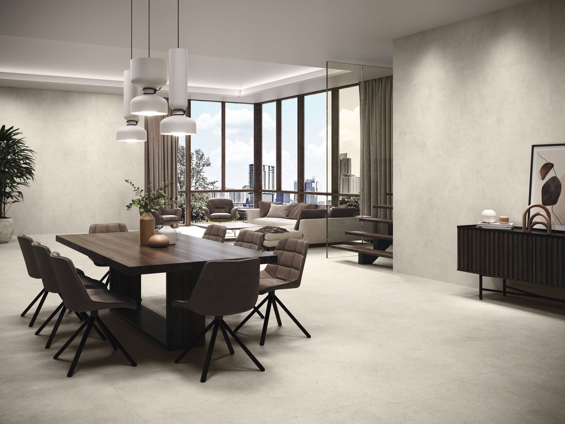 Office meeting space compilimented by the wall and floor concrete effect tiles