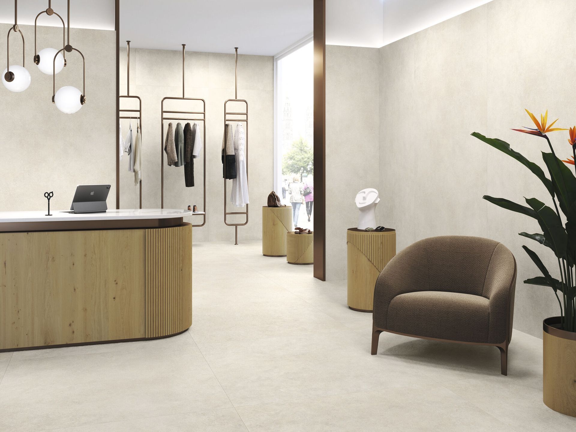 Concrete effect wall and floor tile used in waiting area