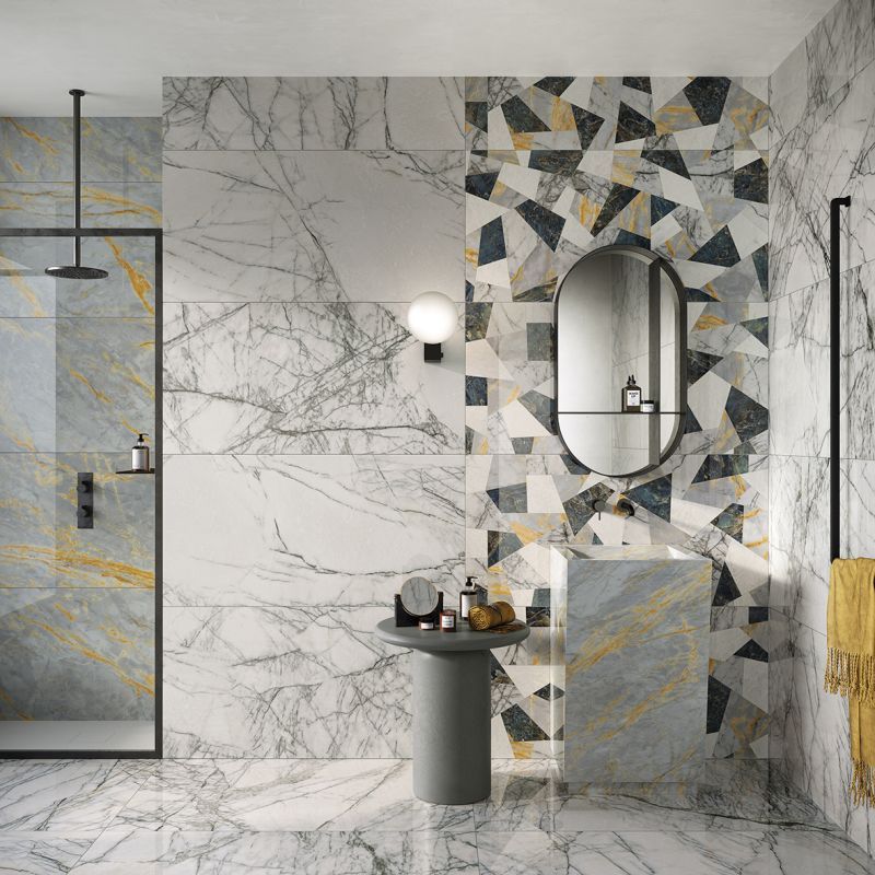 a marble large format tile with a unique pattern in a bathroom