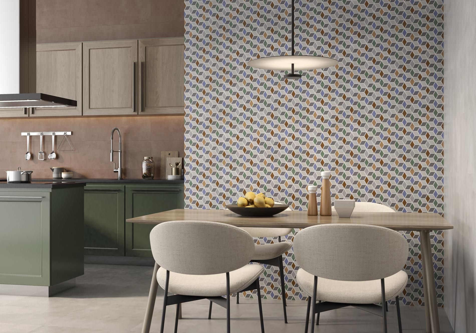 powder tile used as a splashback tile in this large kitchen