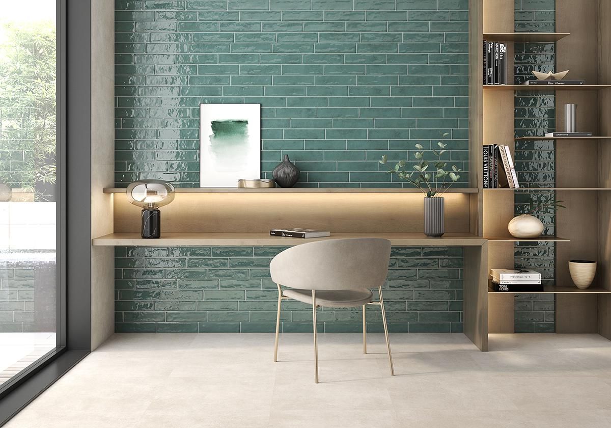 Office space in a home with powder floor tiles and metro wall tiles