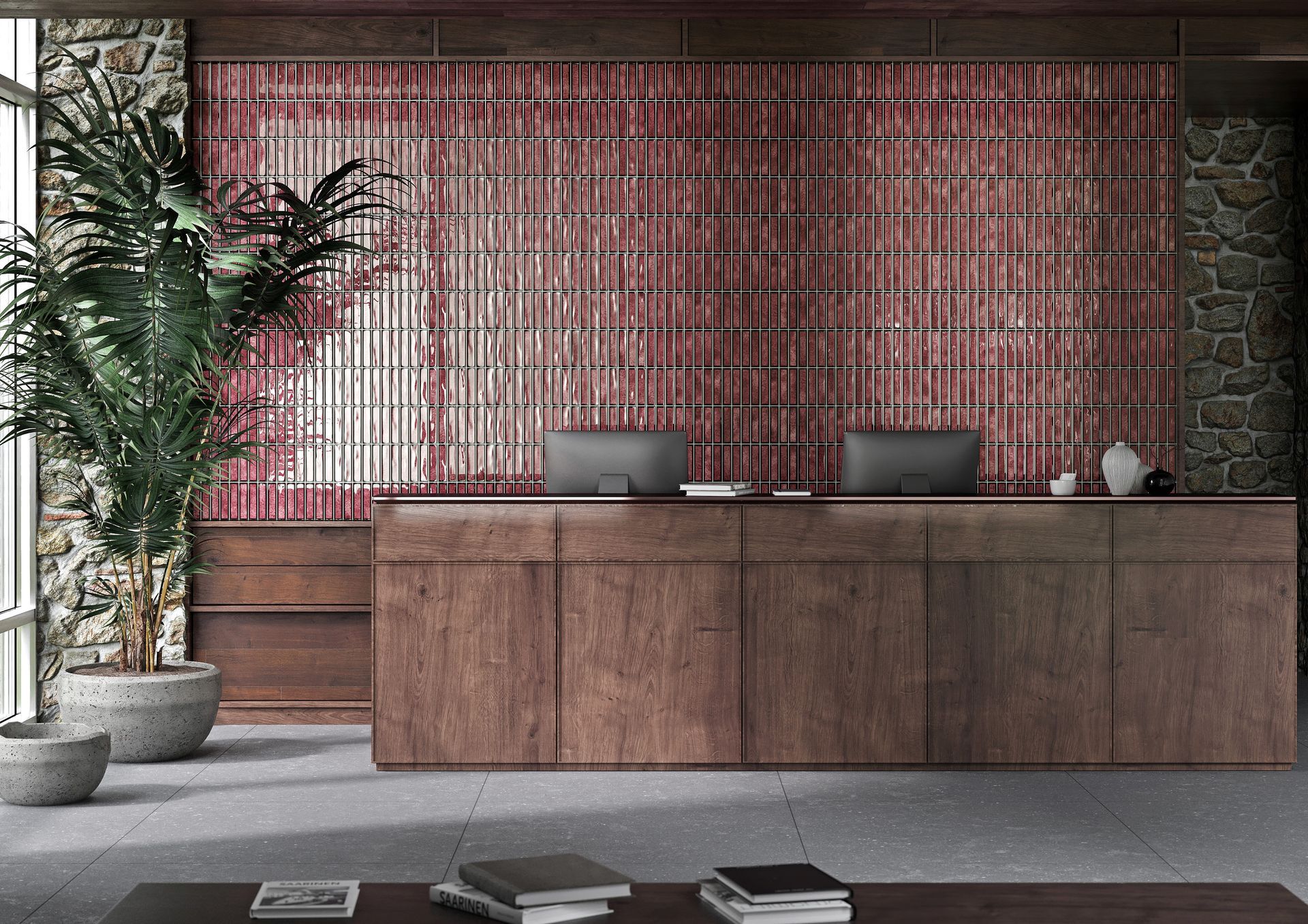 Piano Red gloss wall tile used behind a desk and 2 computer screens in a office