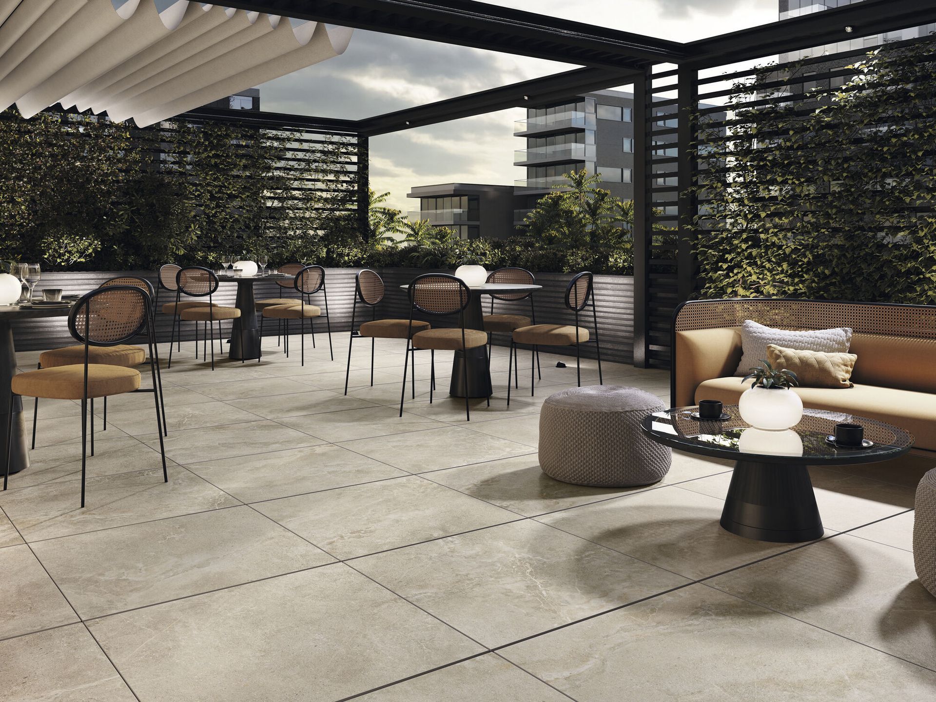 Modern outdoor cafe with beige stone-look tiles, stylish seating, and greenery on a rooftop setting. A sophisticated ambiance with warm lighting and contemporary furniture.