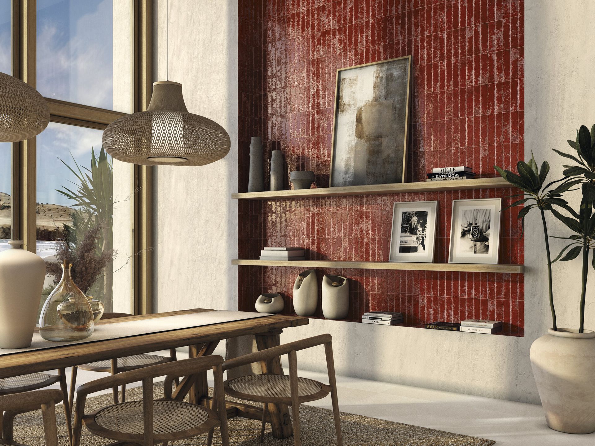 Bari Red On the wall behind photos and shelves