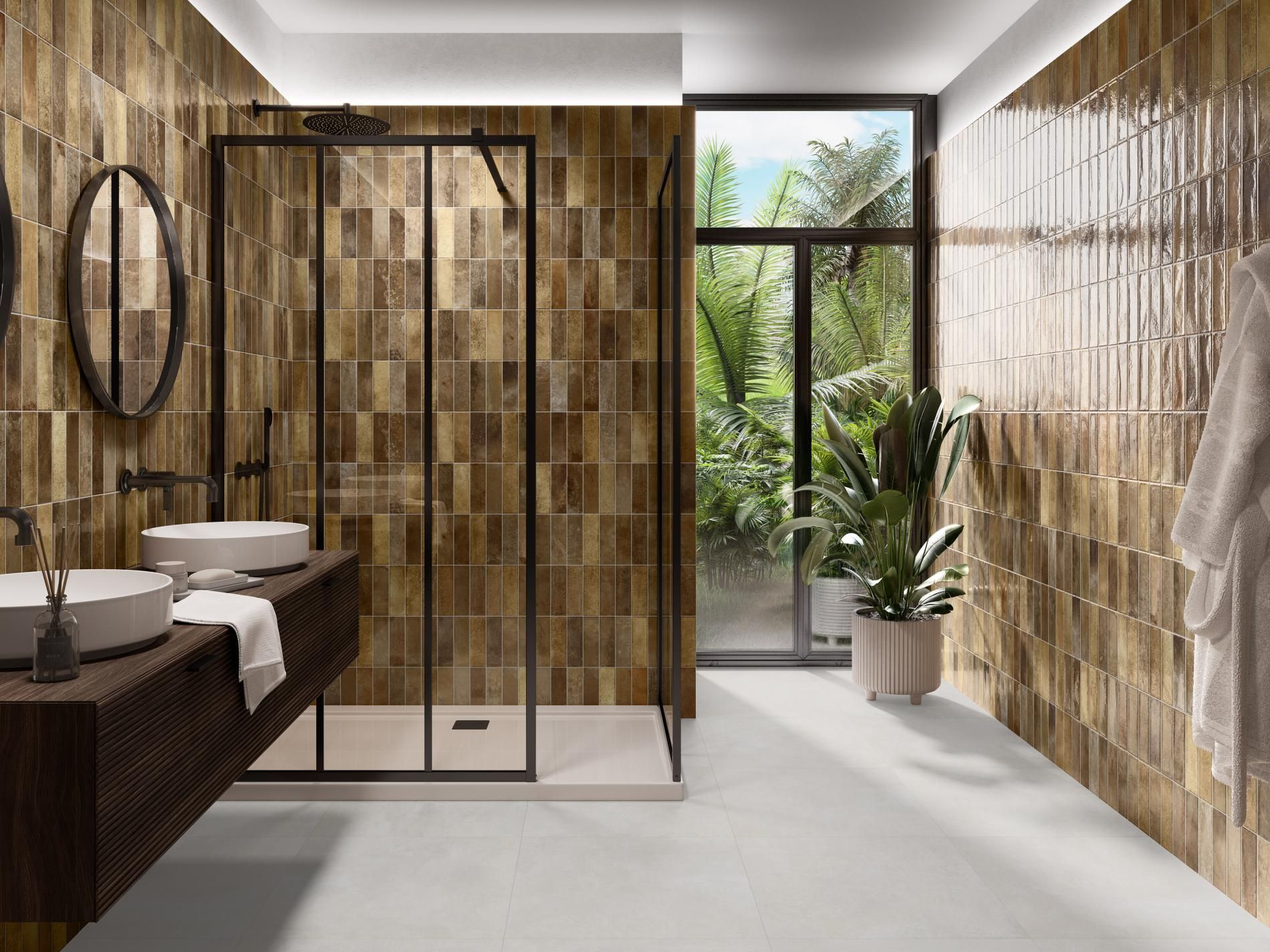 a brown tile used in a wet room with black shower door with a dressing gown on a hook