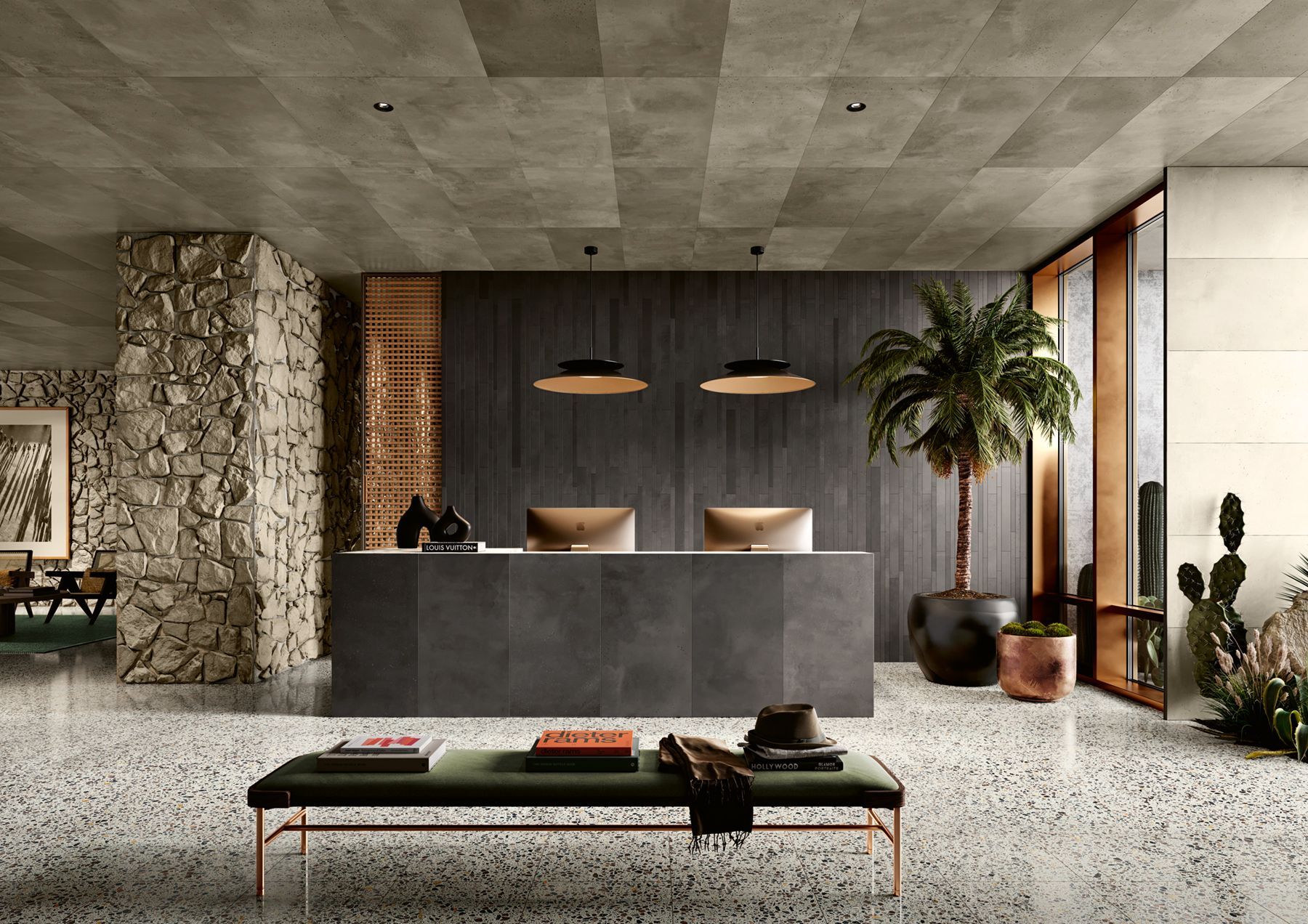 archi concrete black on a desk and feature wall with a little bench