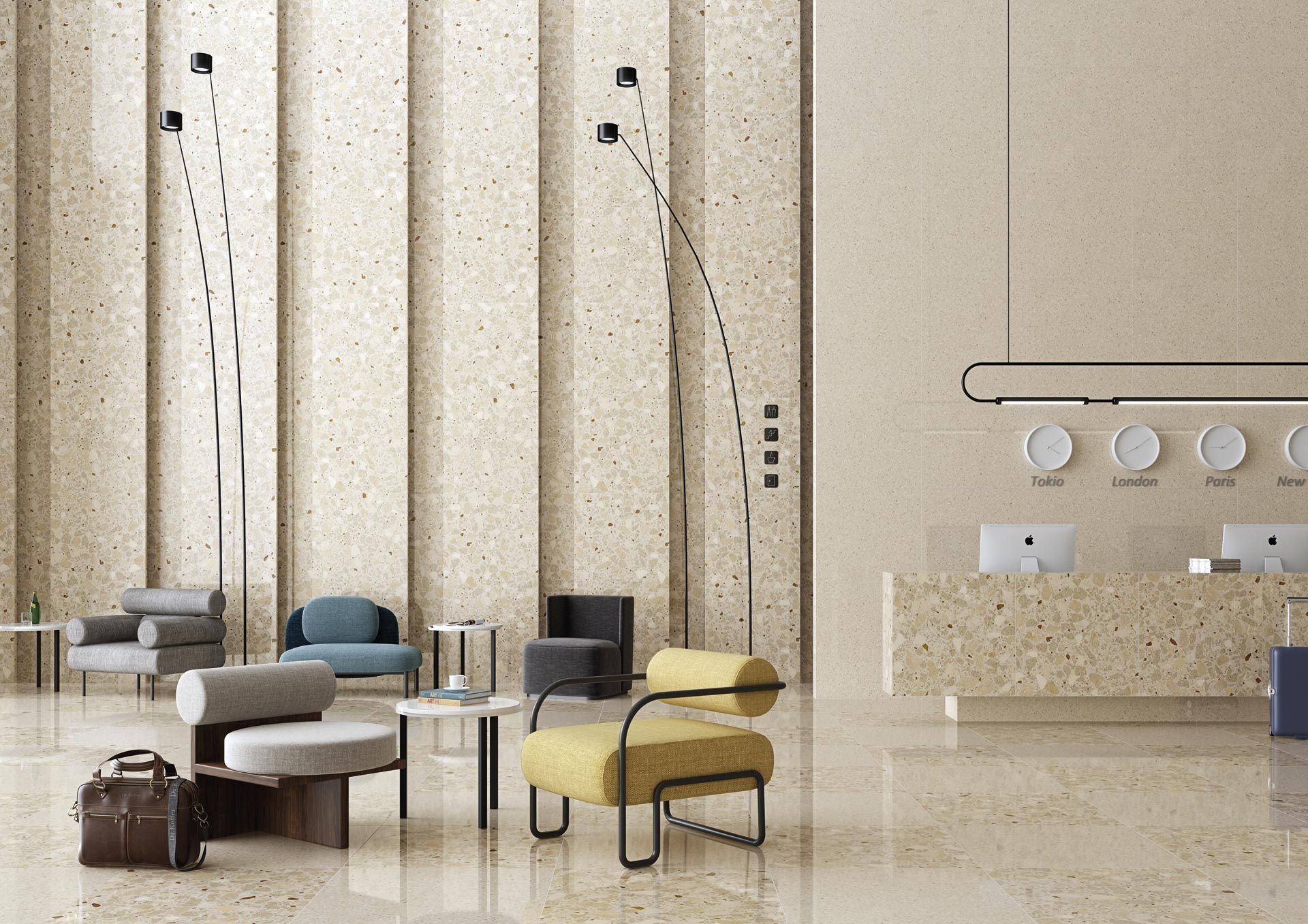 terrazzo tiles within a hotel design, yellow chairs