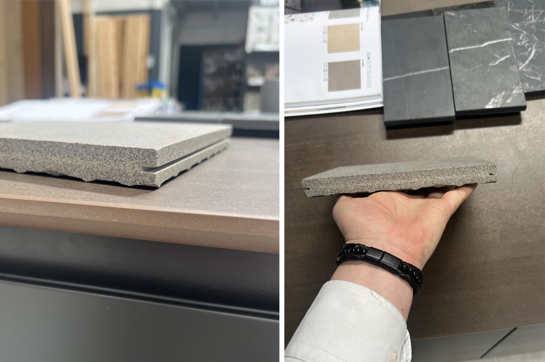 A close-up view of a tile sample with a pre-grooved edge, designed for easy installation on raised pedestal systems. The image shows both the grooved and textured surface of the tile for structural comparison.