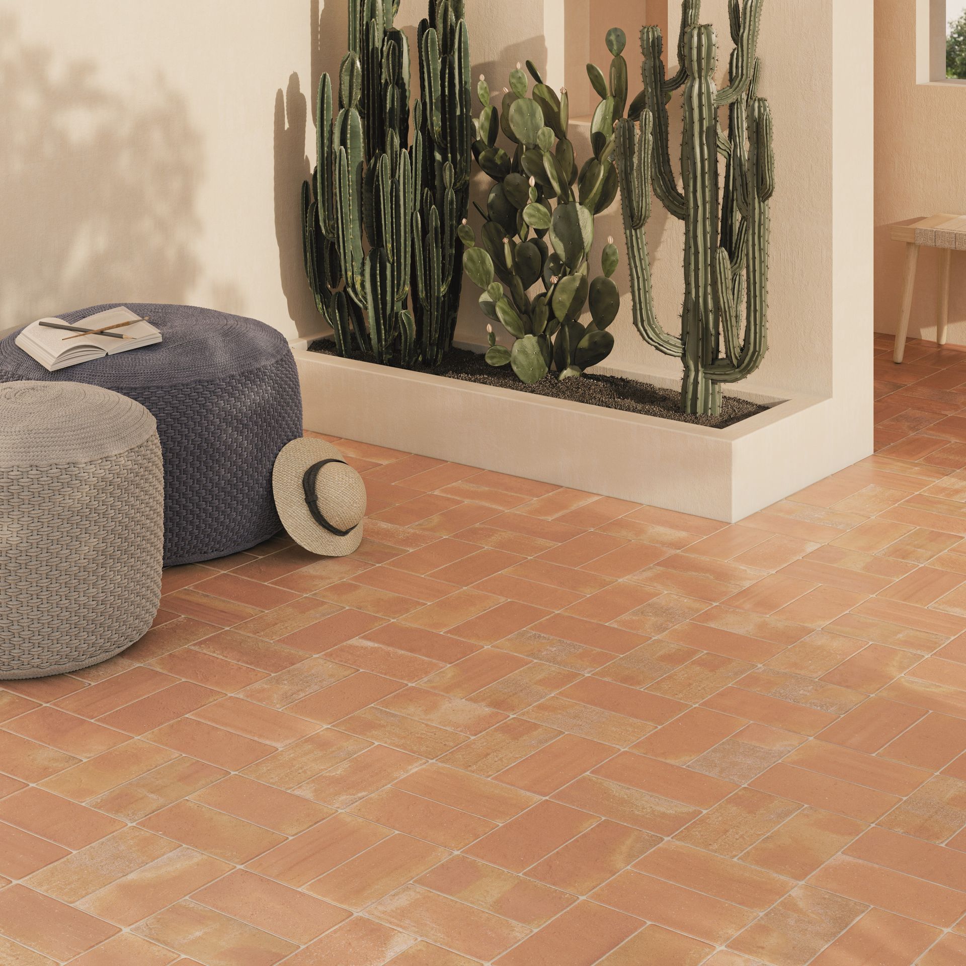 Terracotta floor tiles next to catus and seating area