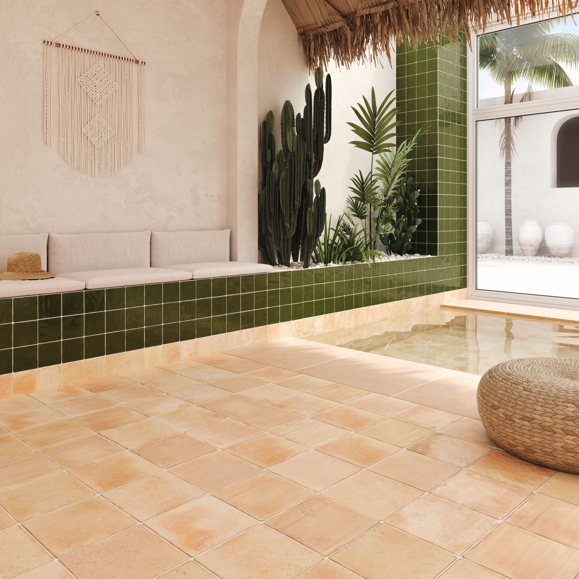 a terracotta effect tiles with a green zellige like tiles ,with a swimming pool next to it