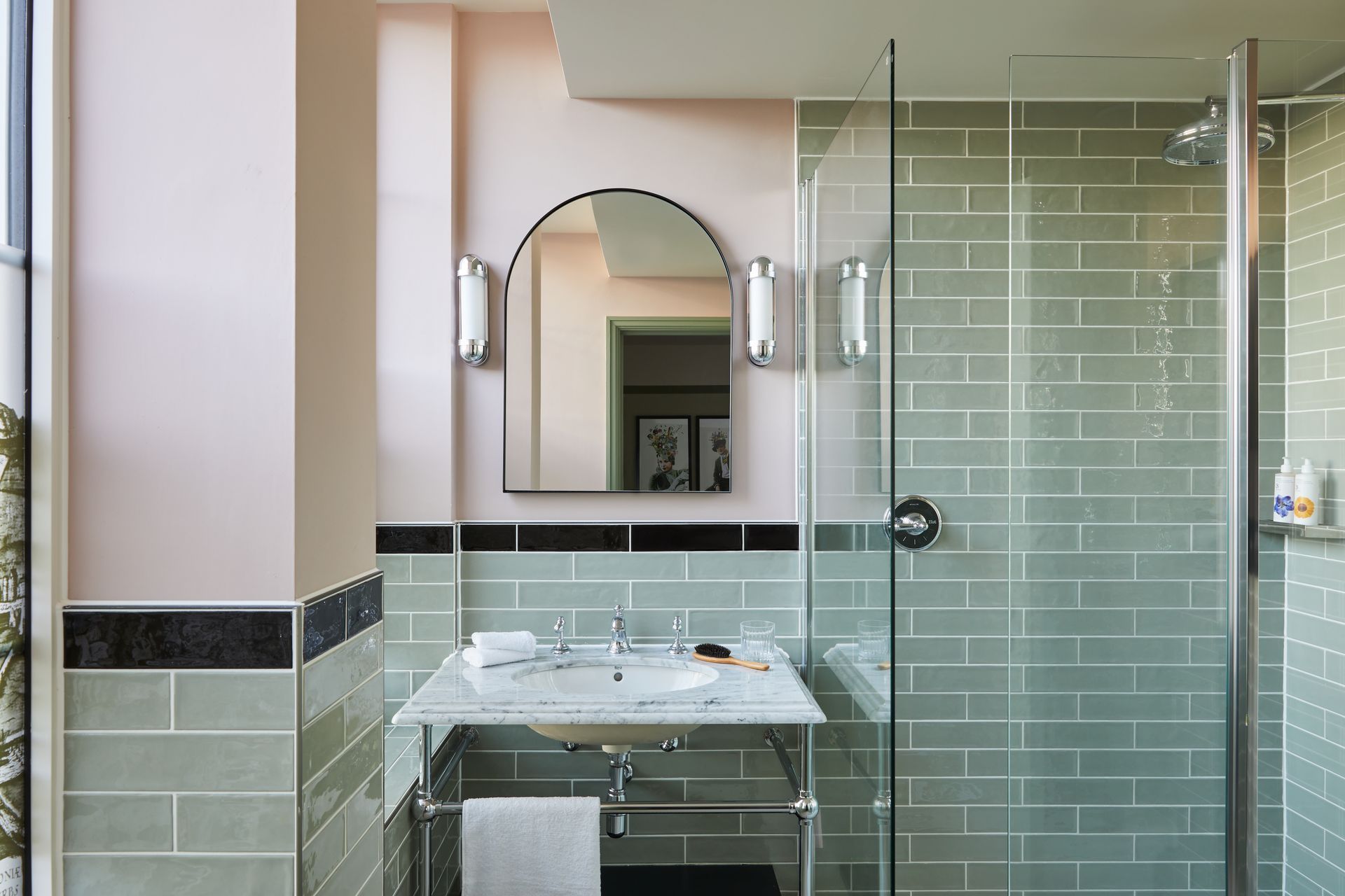 Demure sage used as a splash back for bathroom wall