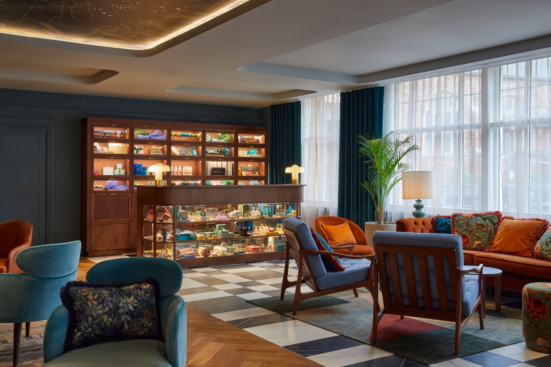 hotel seating area with chequerboard floor tiles