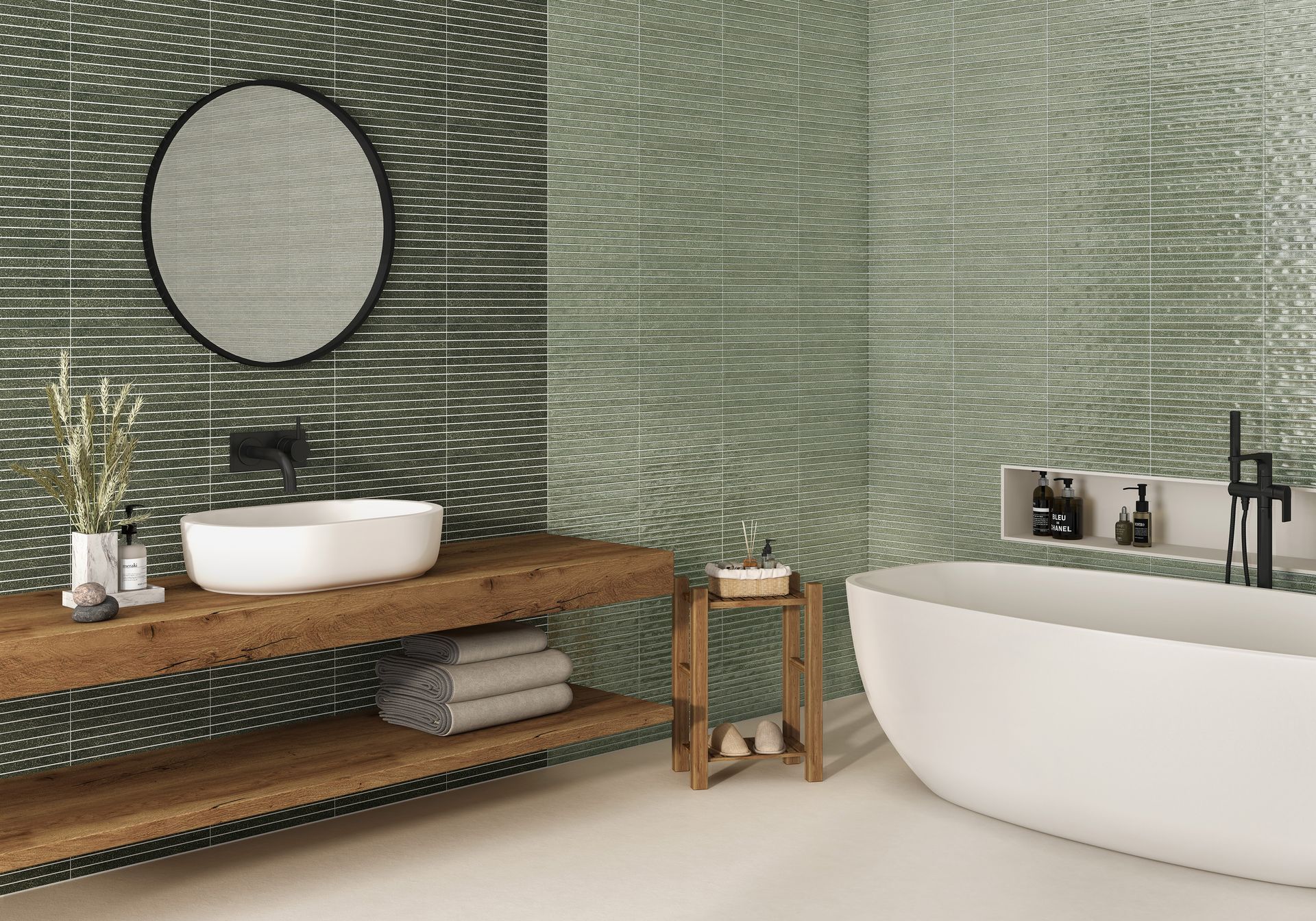 Pinstripe sage used on the wall of this bathroom