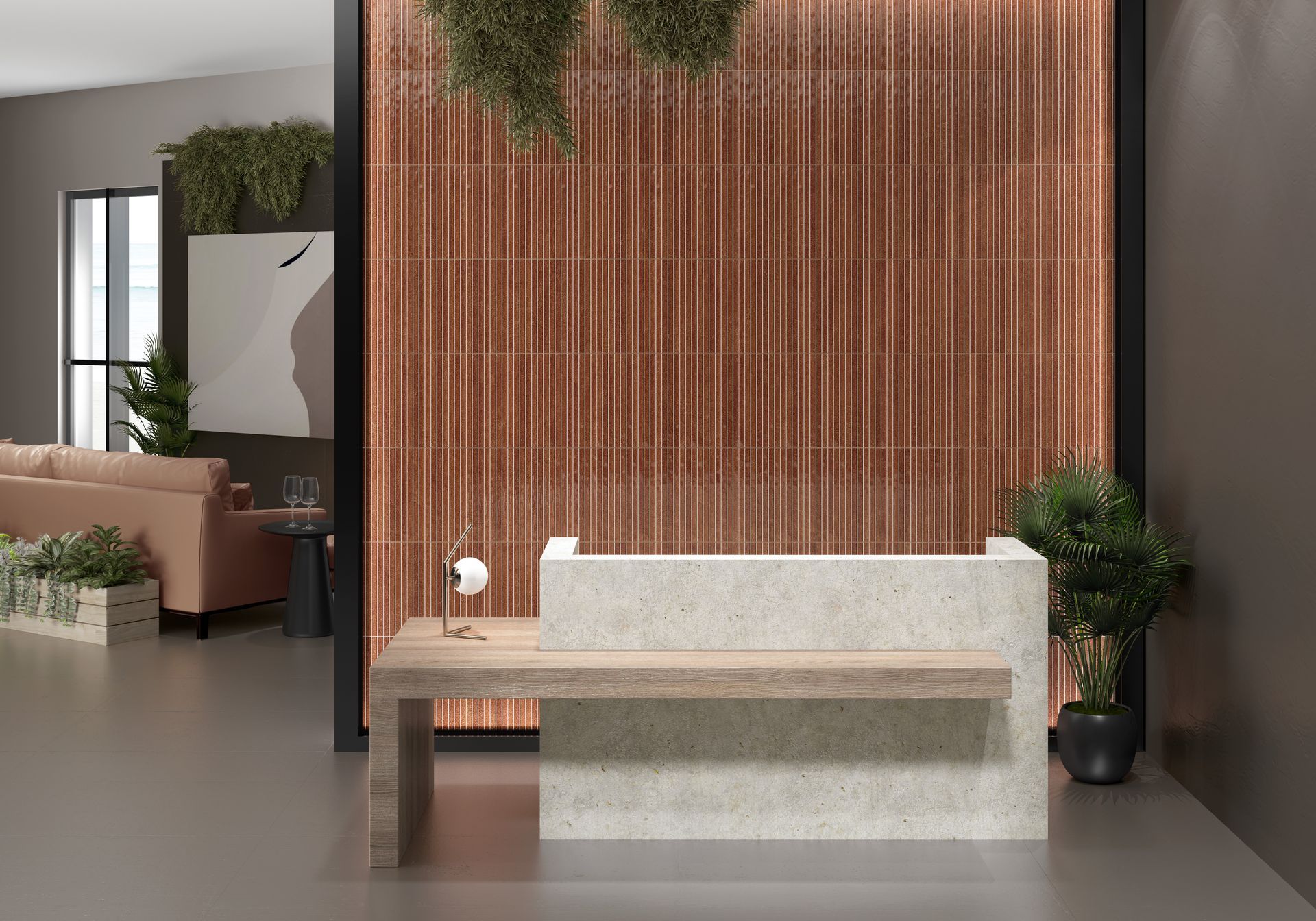 Pinstripe Cuero wall tiles used in a lobby of modern building