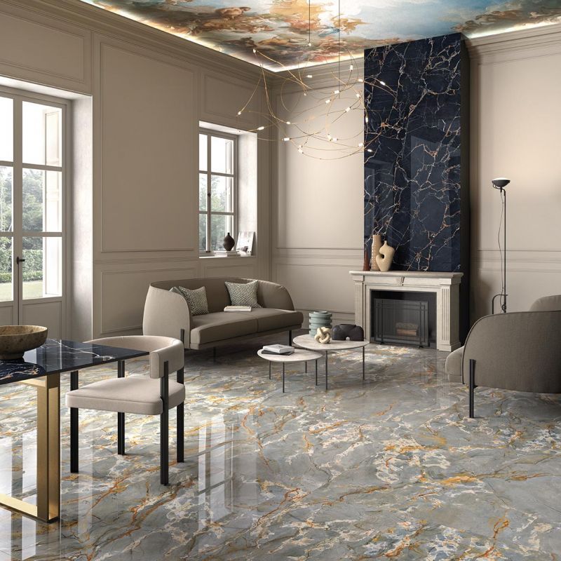 large floor tiles , marble aesthetic , living room , lounge area, fireplace living room