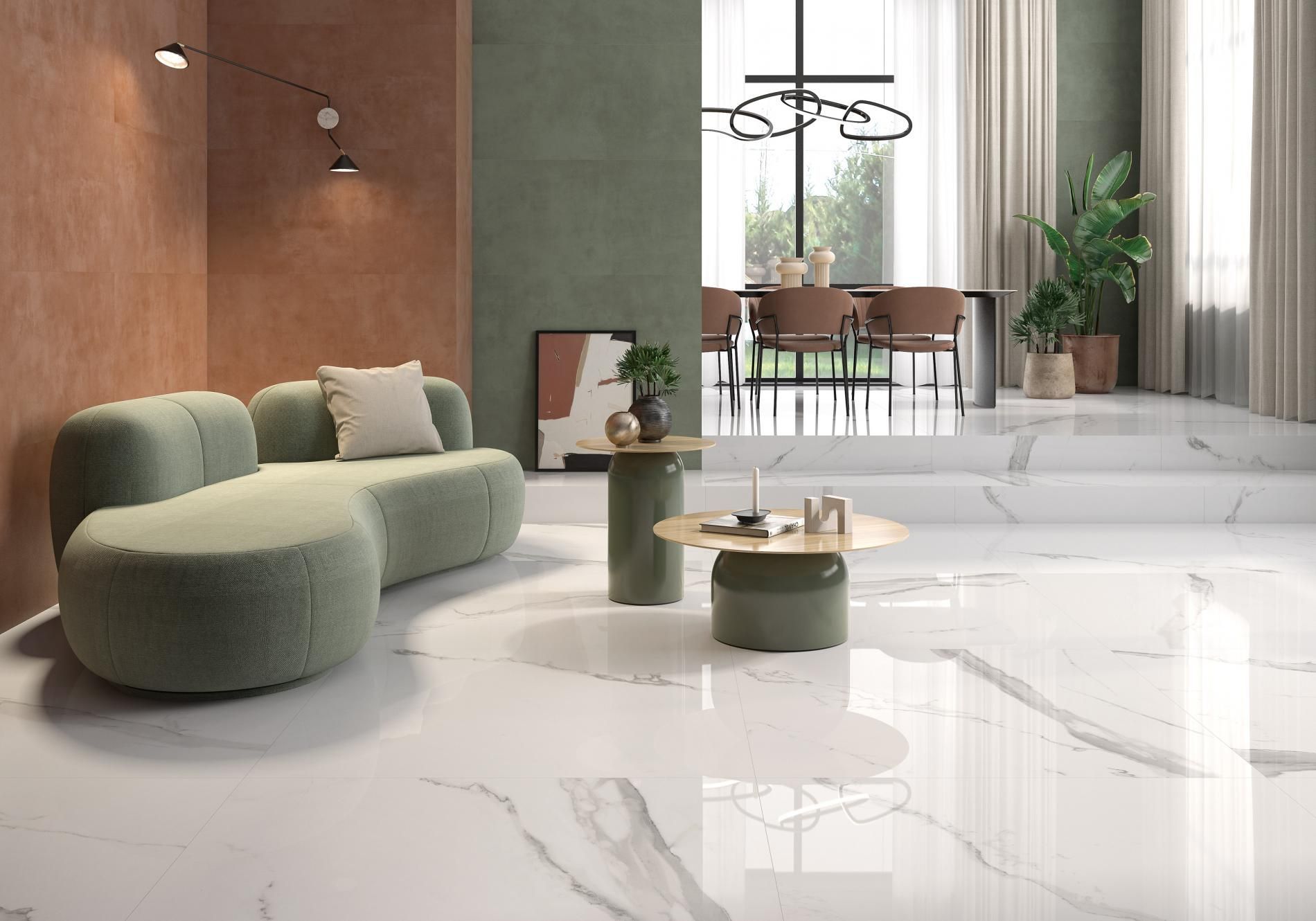 Marble floor tile and a feature wall with powder range on it