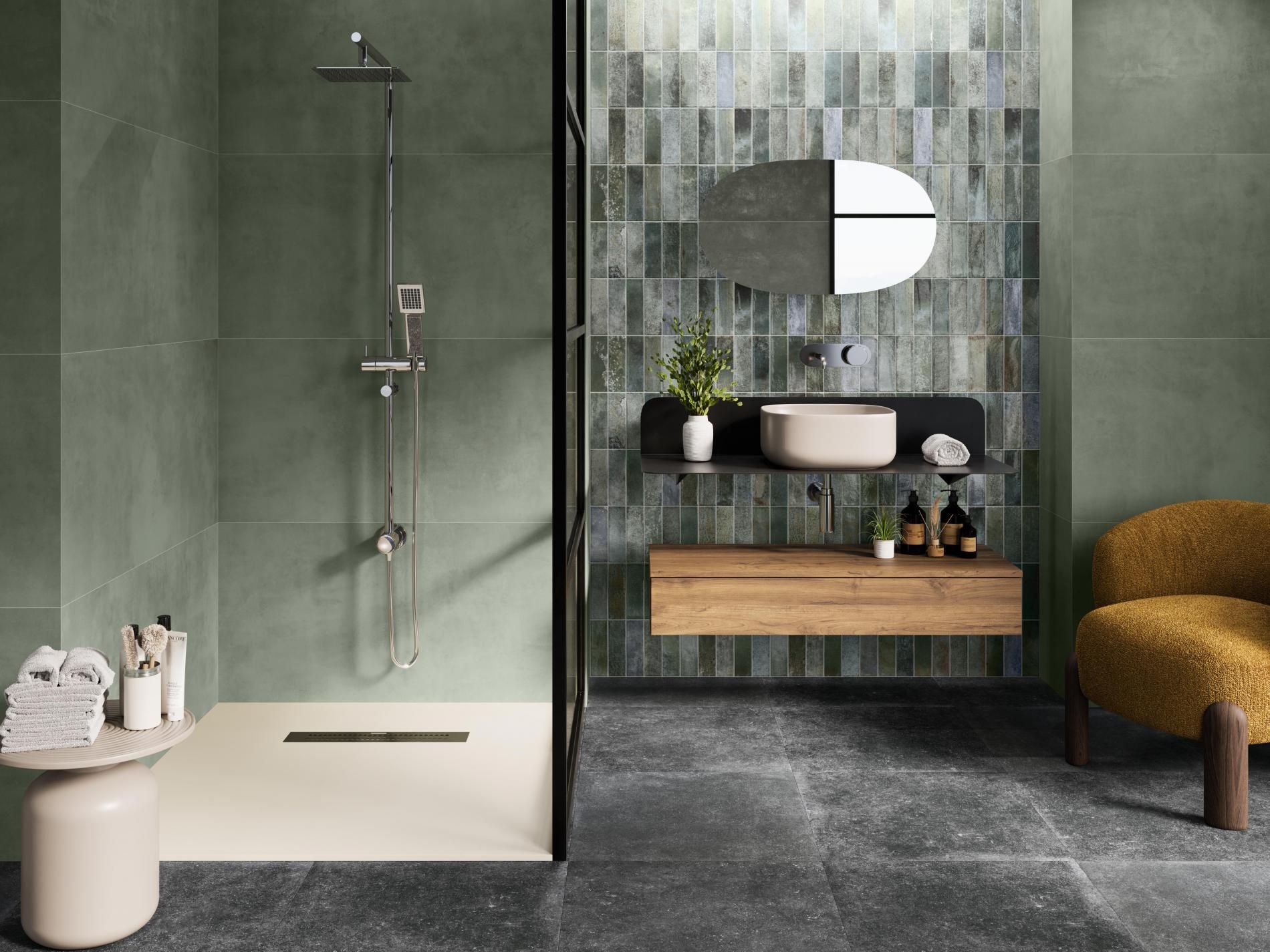 Green Salerno wall tiles used in a modern bathroom