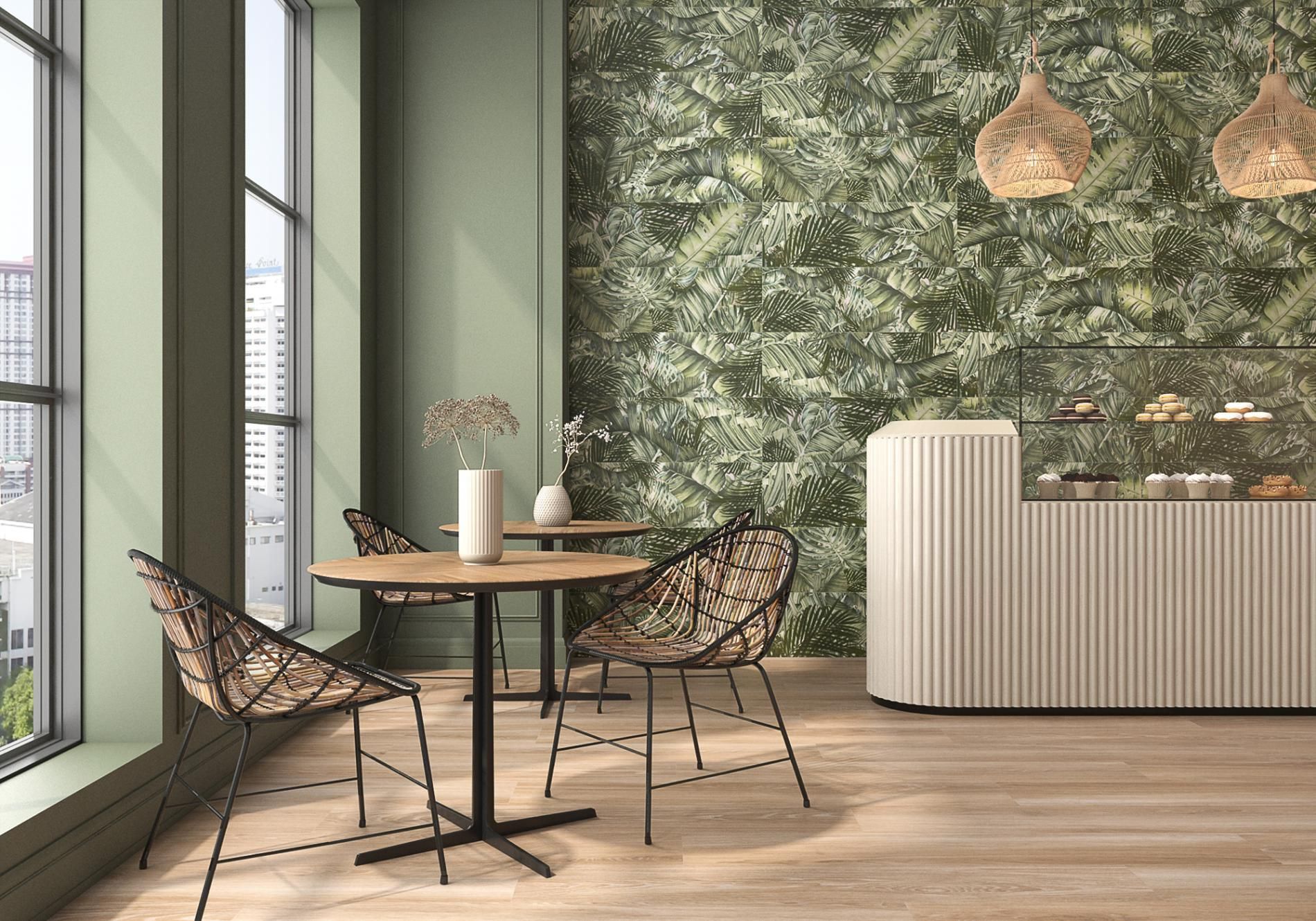 New forest wall tiles featured in a cafe and wood effect floor tiles featured to