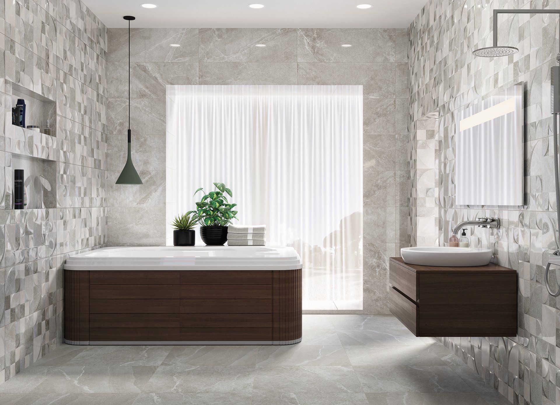 limestone effect tiles , used in a modern bathroom