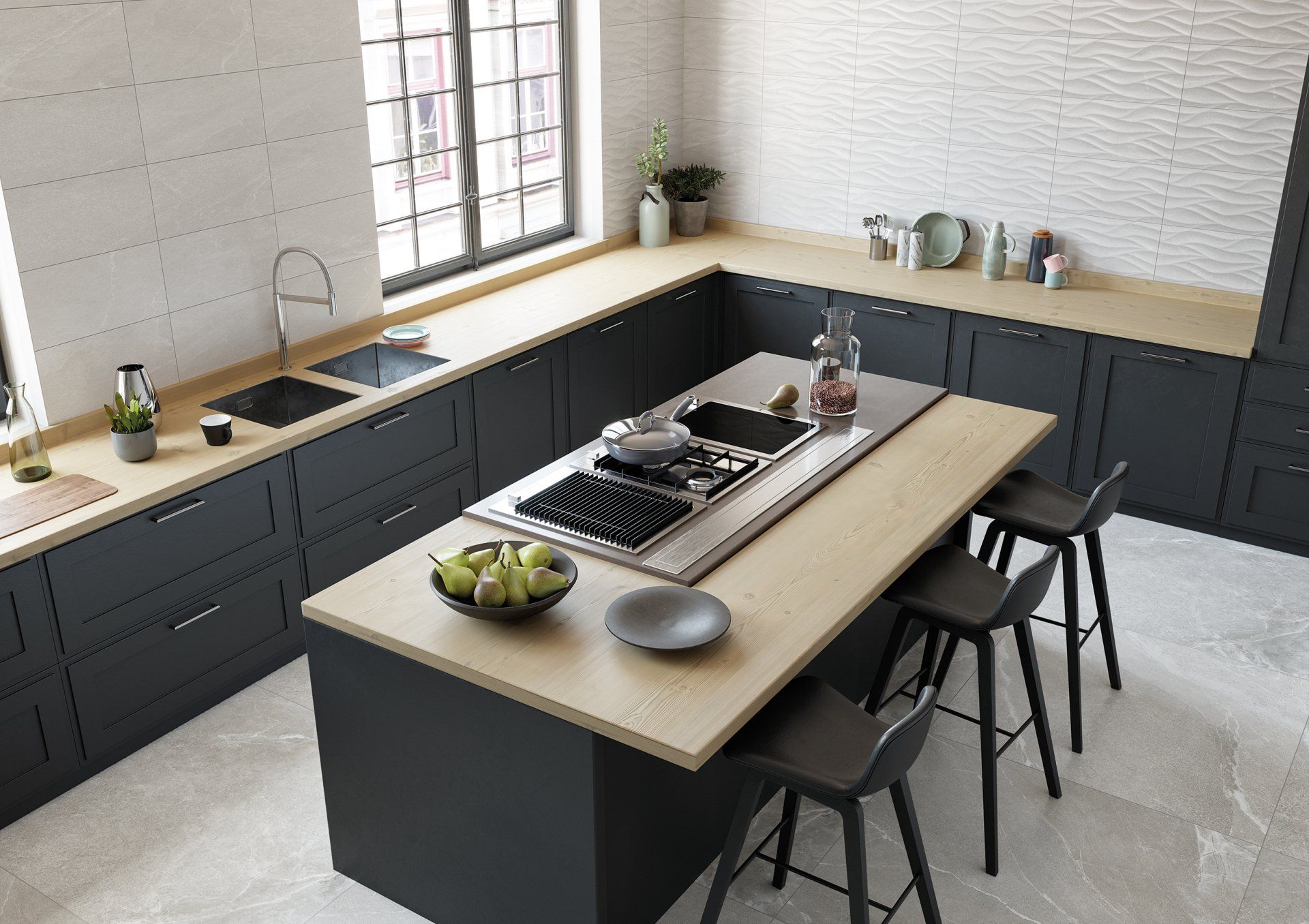 Kitchen room shot with island in the middle and large format floor tiles
