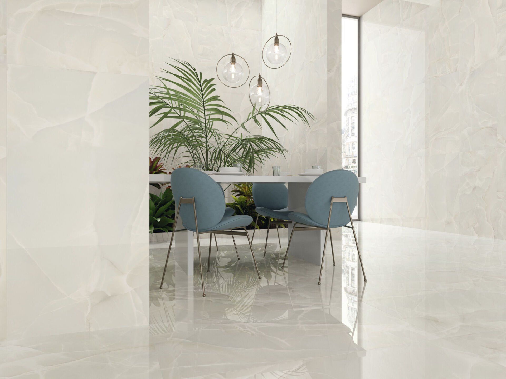 a white marble tile with a white round table and turquoise chairs