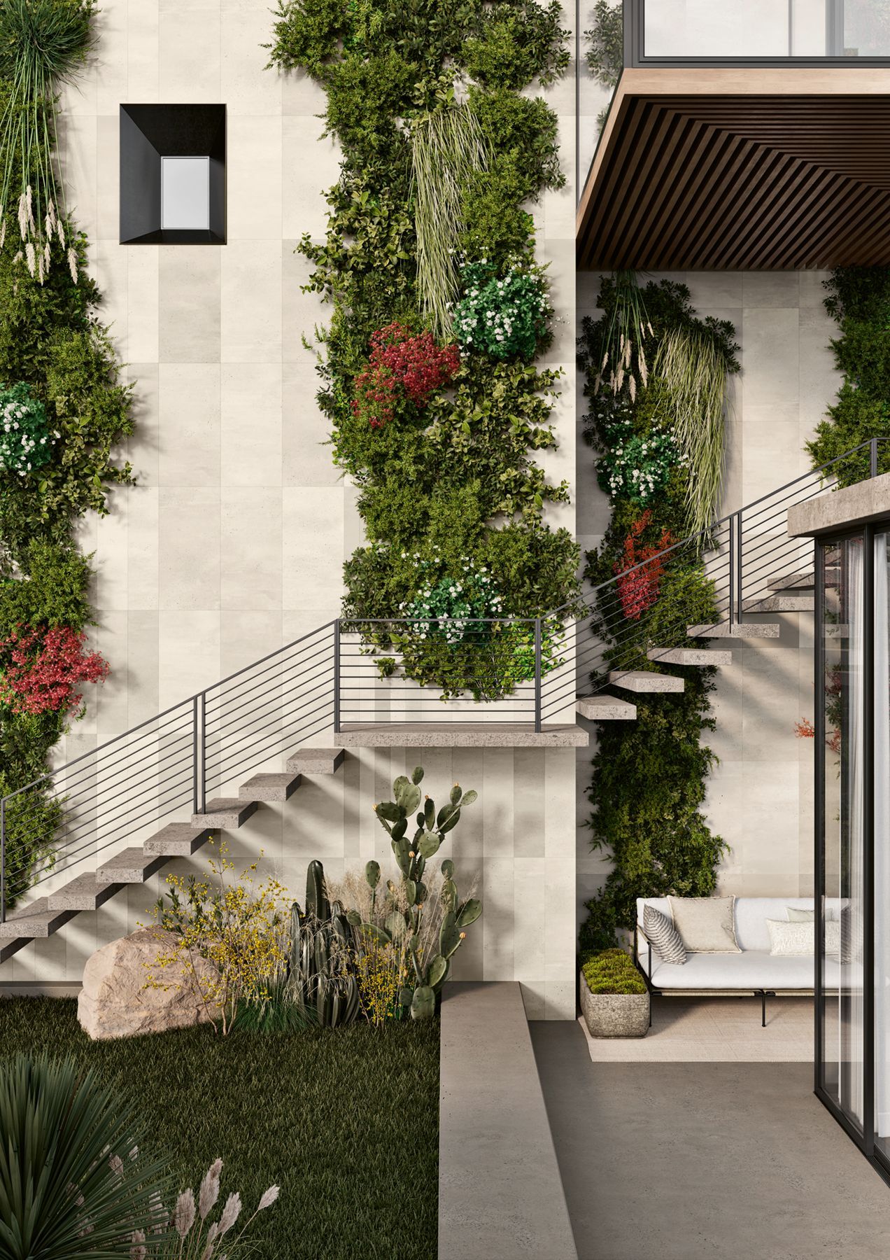 Outside wall tiled with limestone effect wall tiles