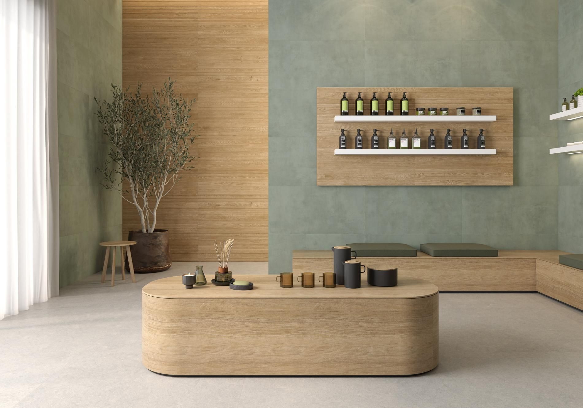 Powder sage wall tile used in this shop on the 2 feature walls