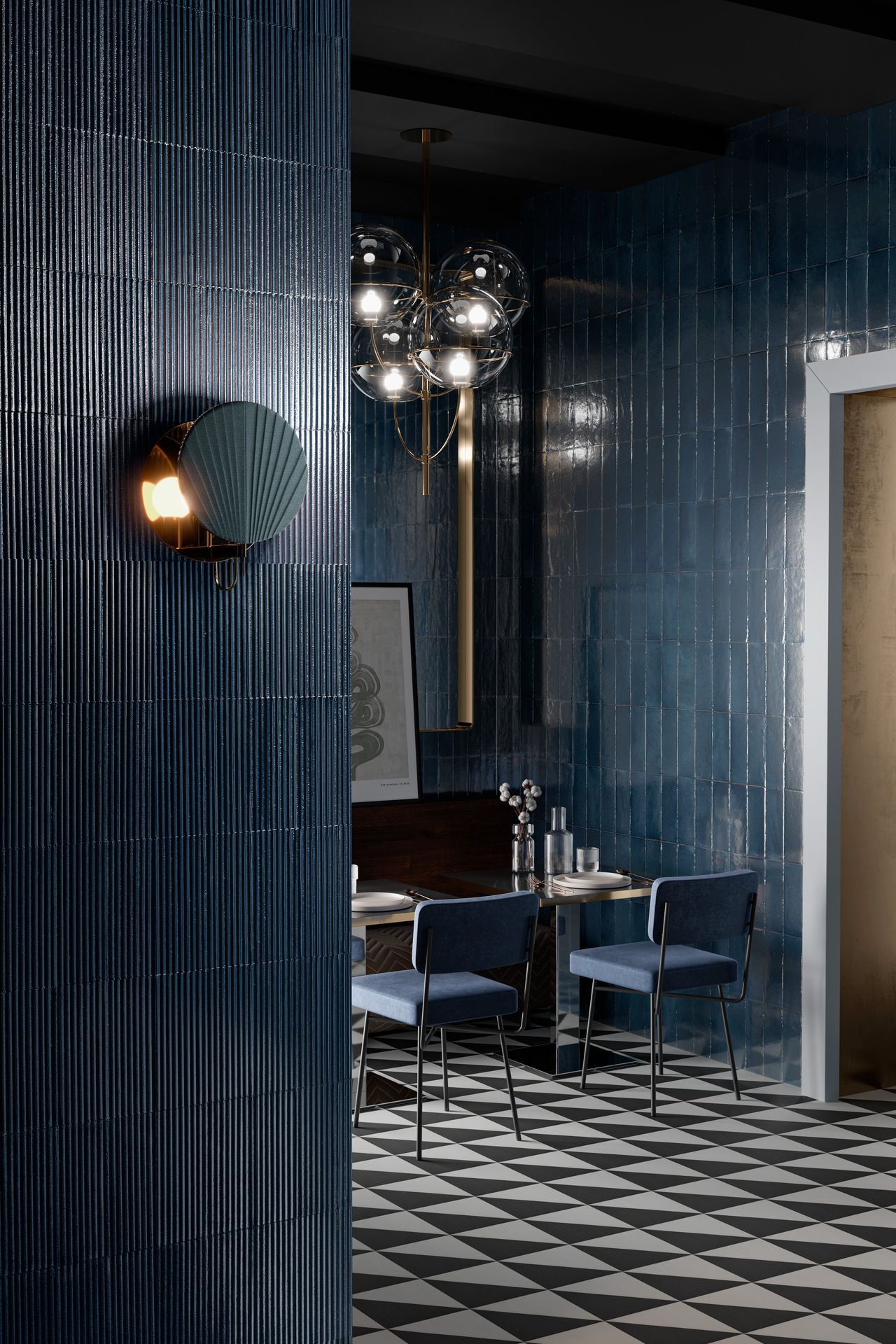 Fluted 3d Blue with a table and chairs