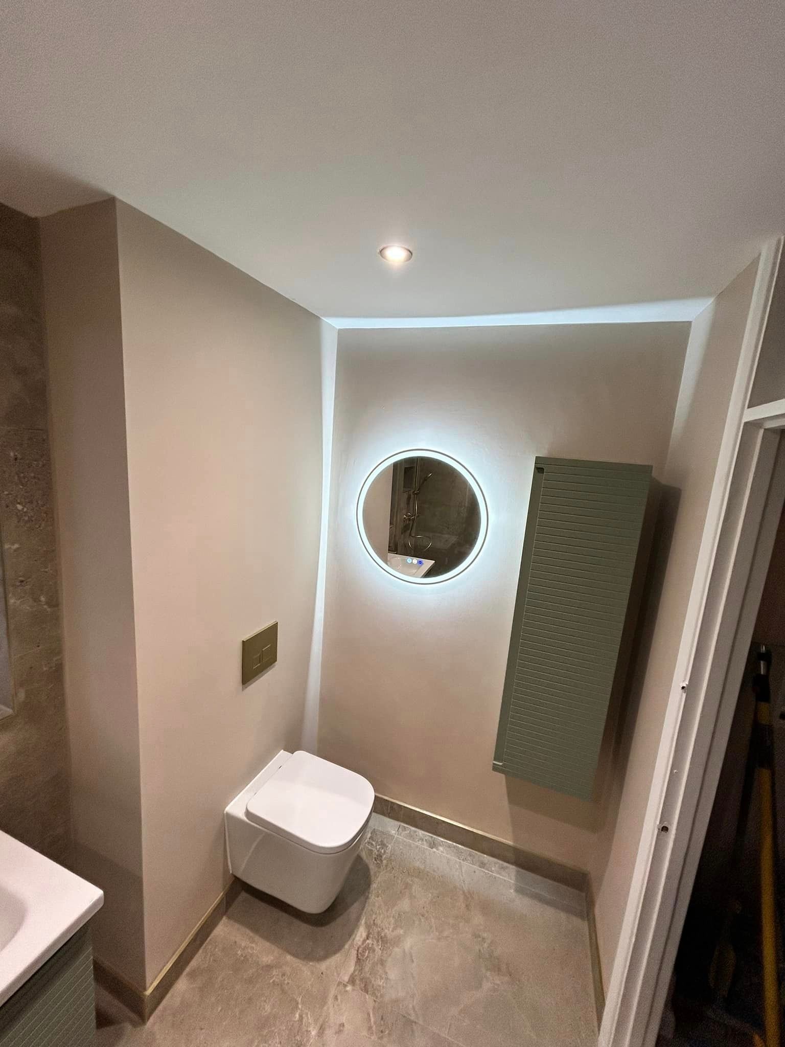 mirror used in a modern bathroom with green paned cupboard and golden push able flusher