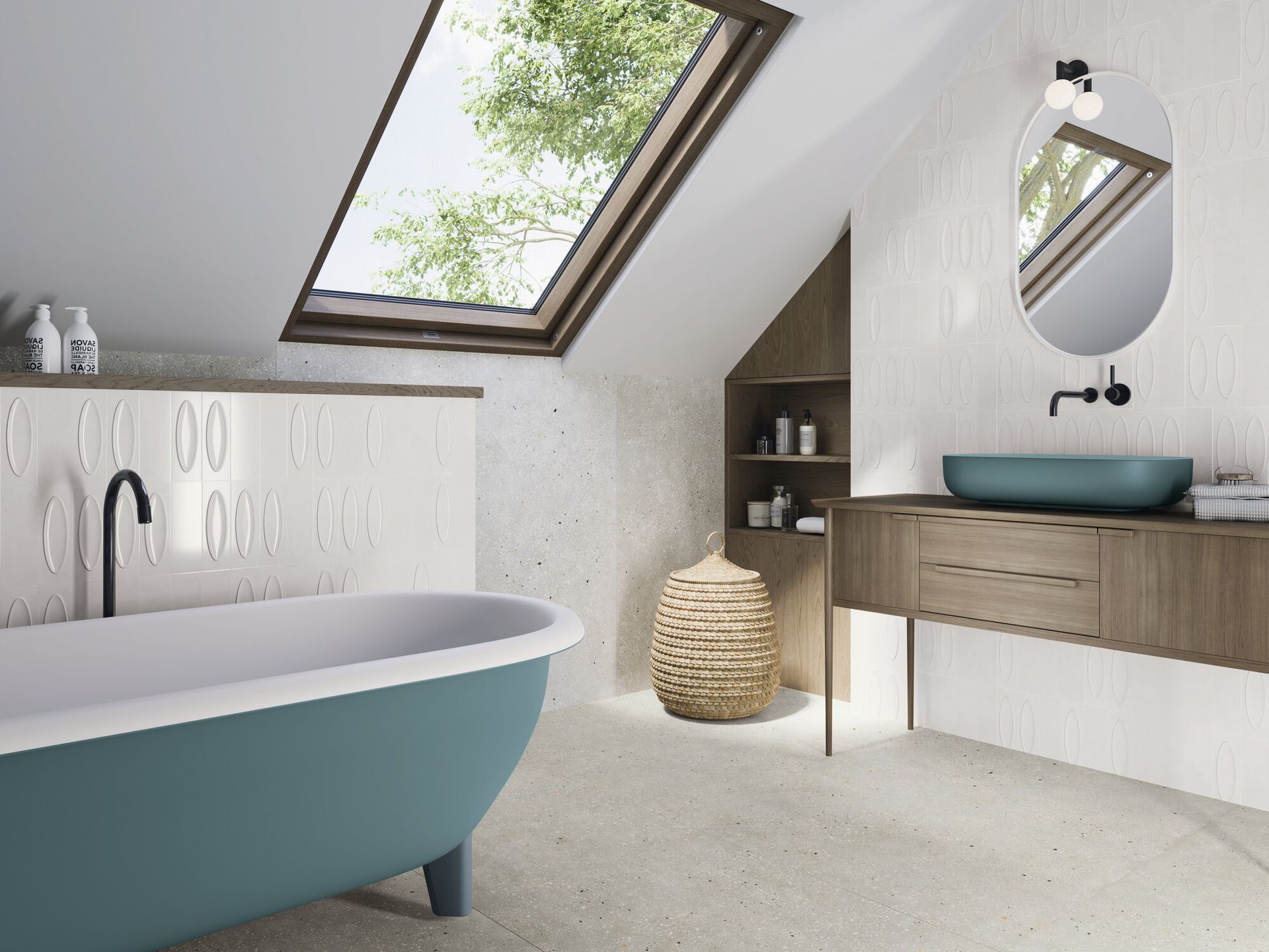 Convex Rectangle diamond used in a bathroom with a blue bath and limestone effect floroing