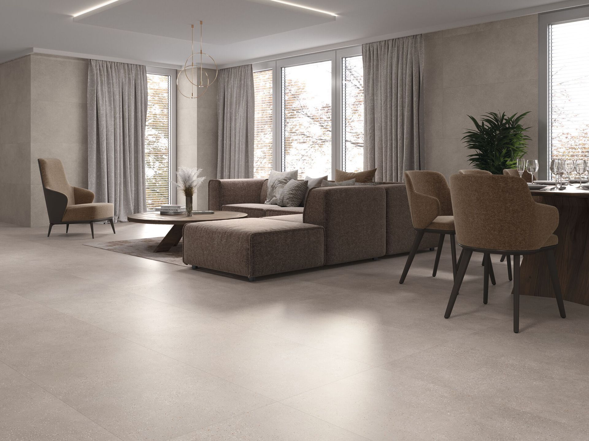 living room sofa sitting area tiled with trammel concrete effect