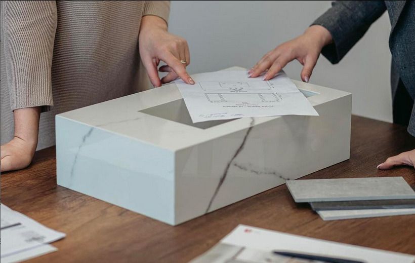 Marble bespoke sink in a show room being viewed at by a customer