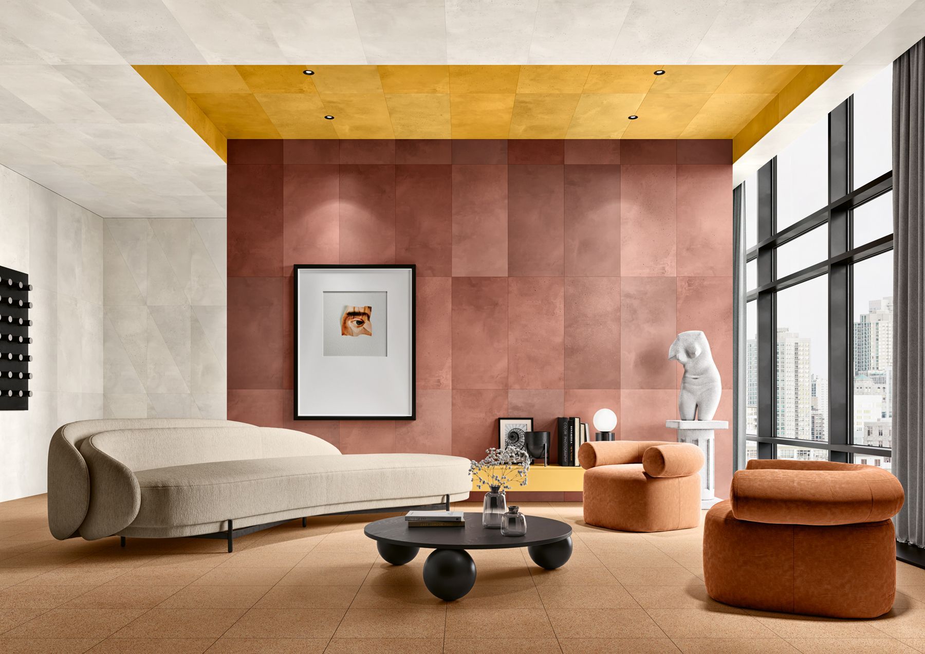 Archi.Concrete used on the walls and celling of this room with matching colours couches