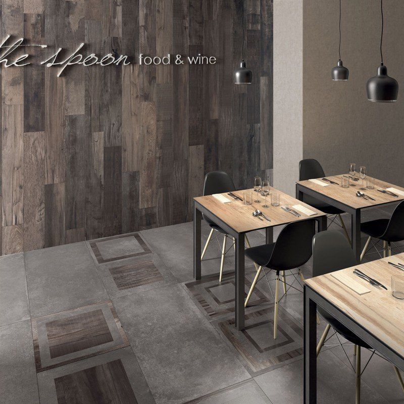wooden effect tiles used on a wall in a restaurant