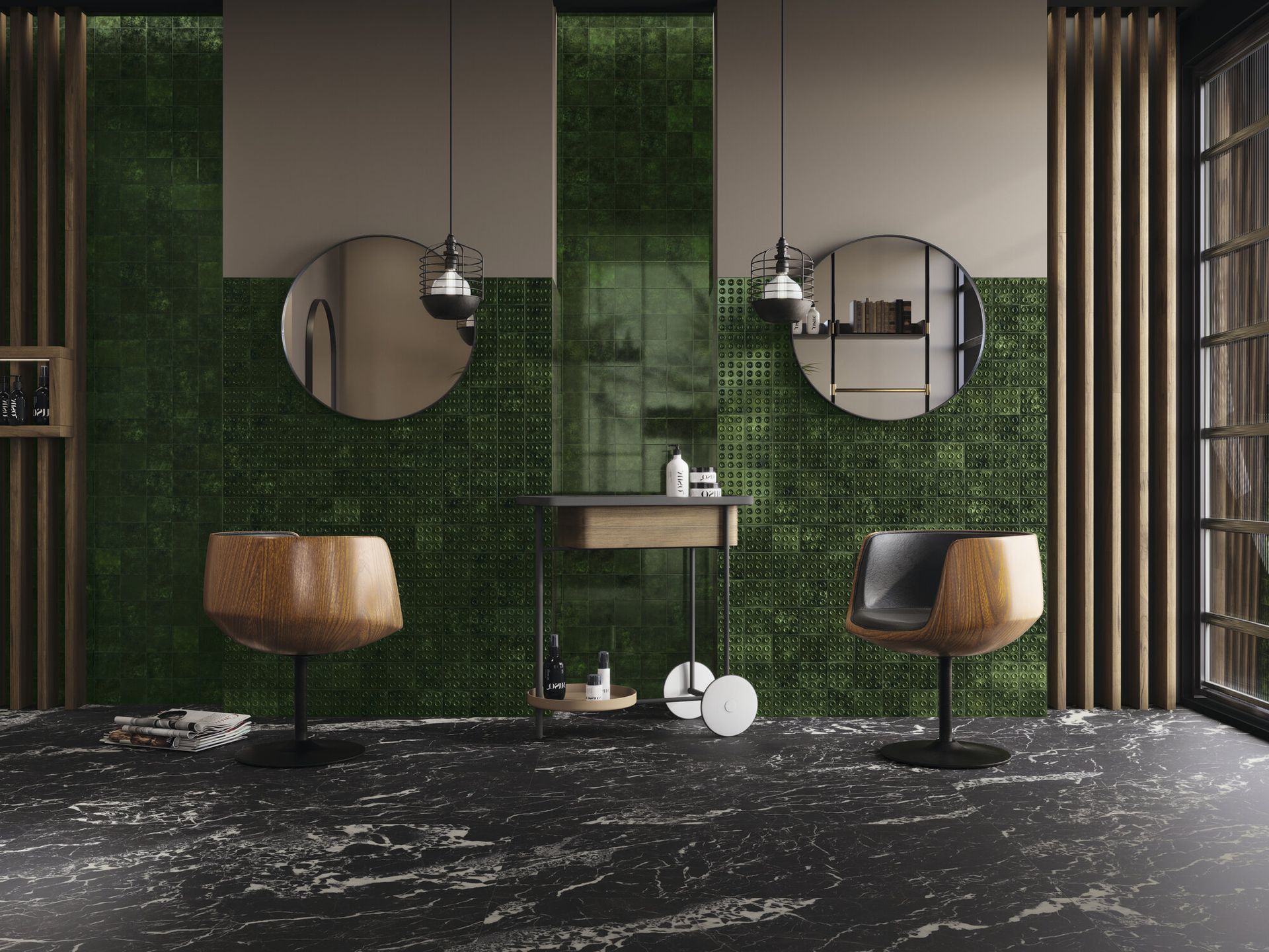 Convex square emerad used in a modern home with black marble floor tiles