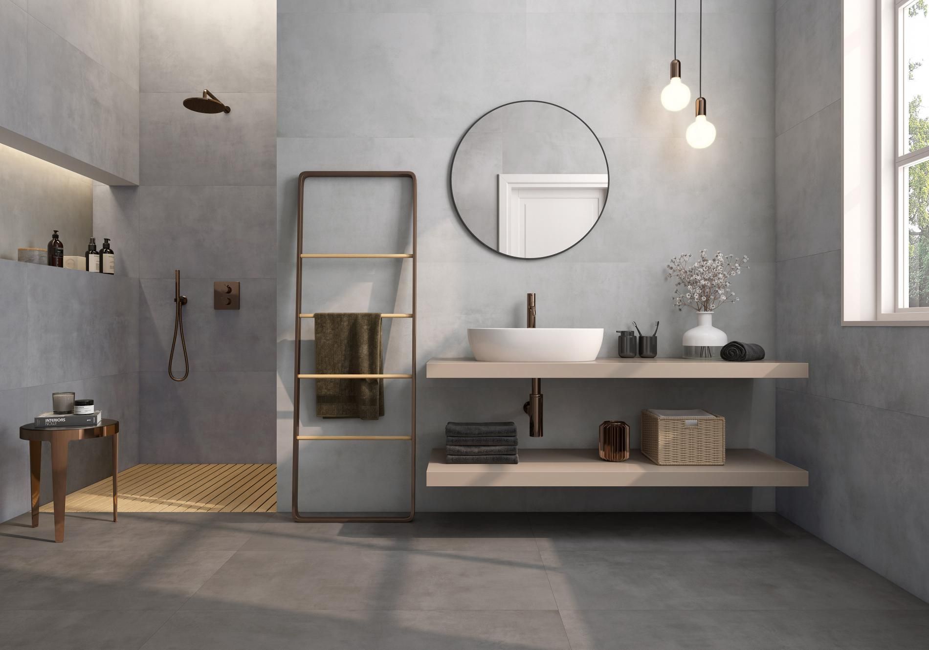 extra large porcelain slabs used on the floor of this bathroom